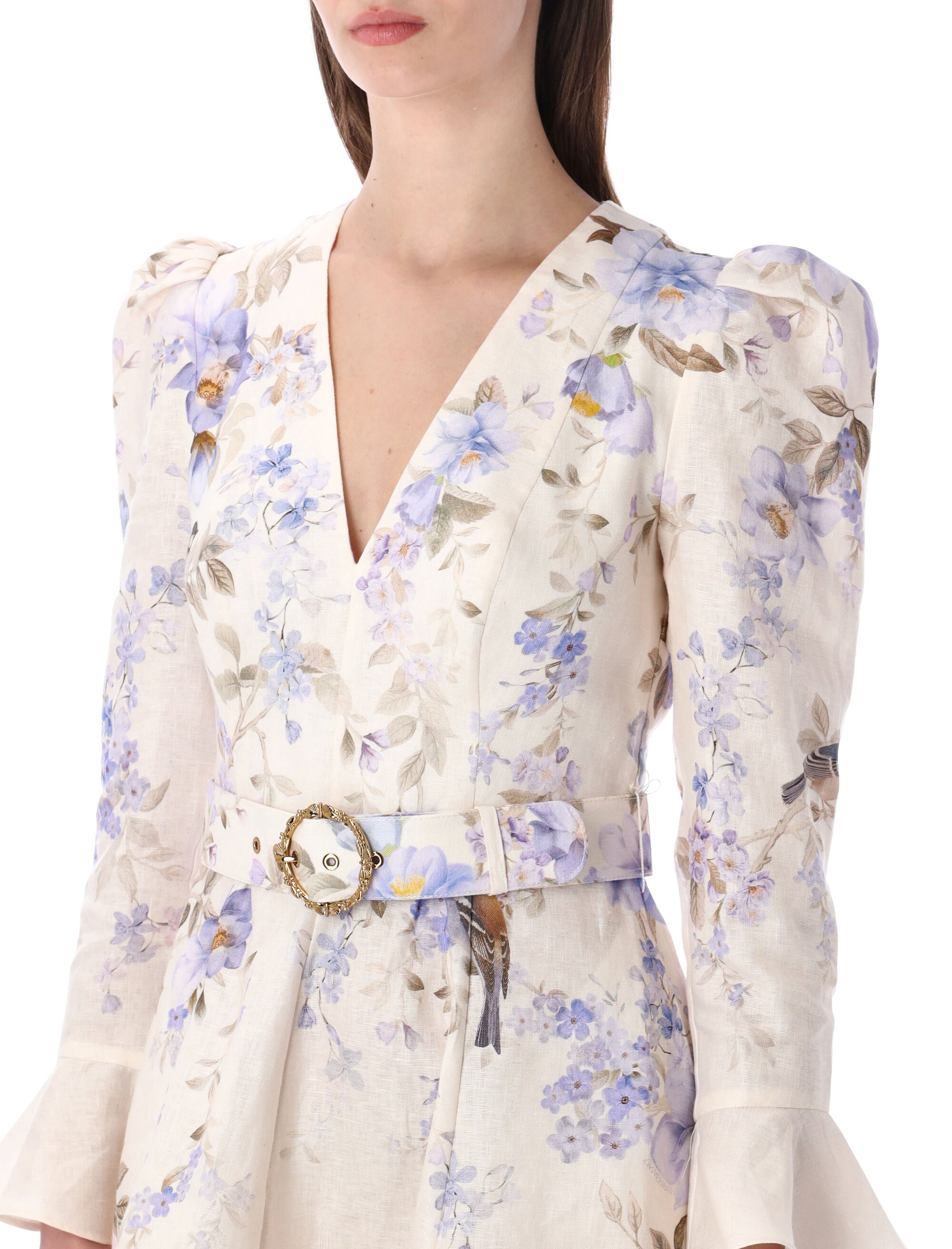 Zimmermann Luna plunge mini dress Blue Song Bird Cream Linen