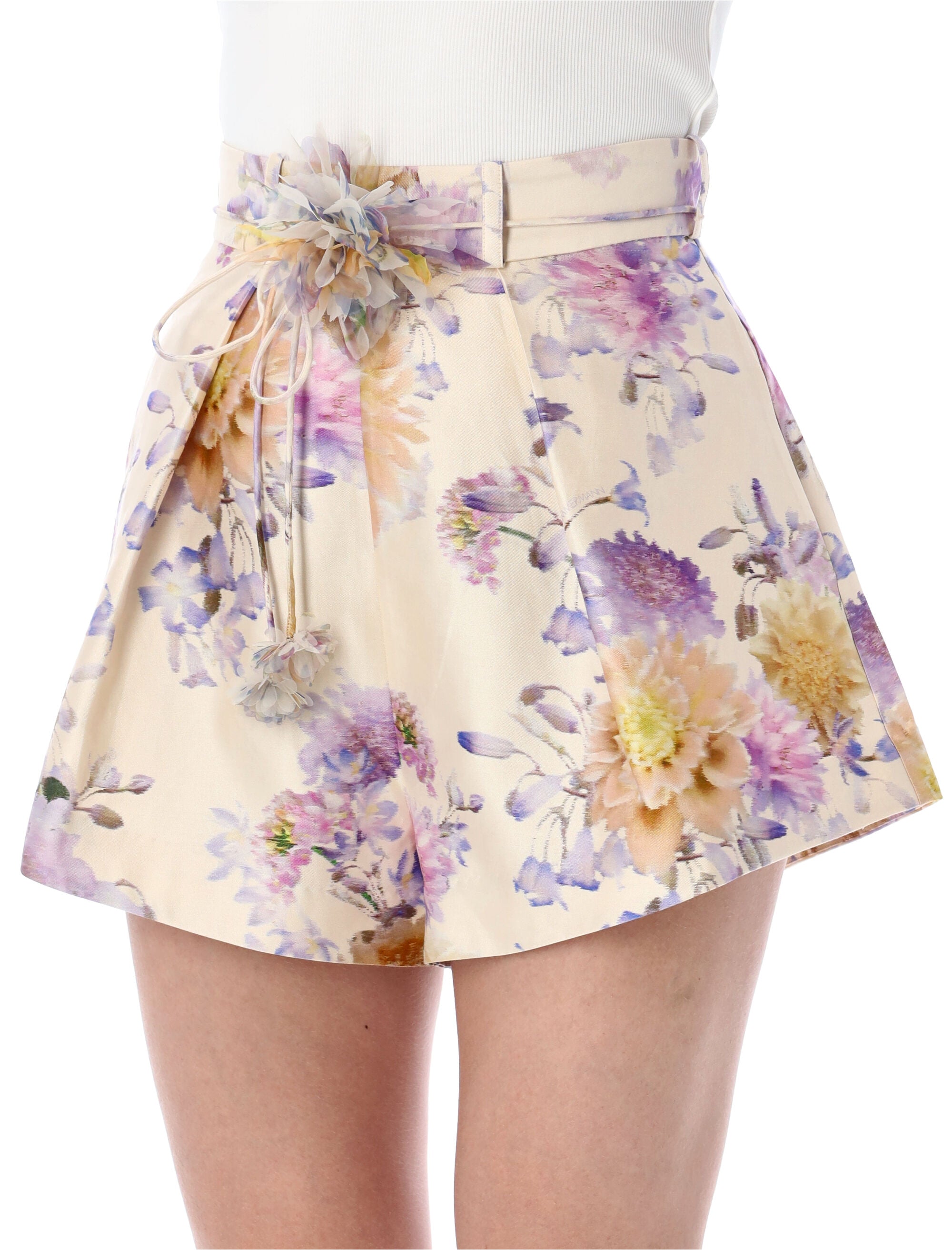 Zimmermann Luna Tuck High-Waist Shorts Cream Dahlia Silk