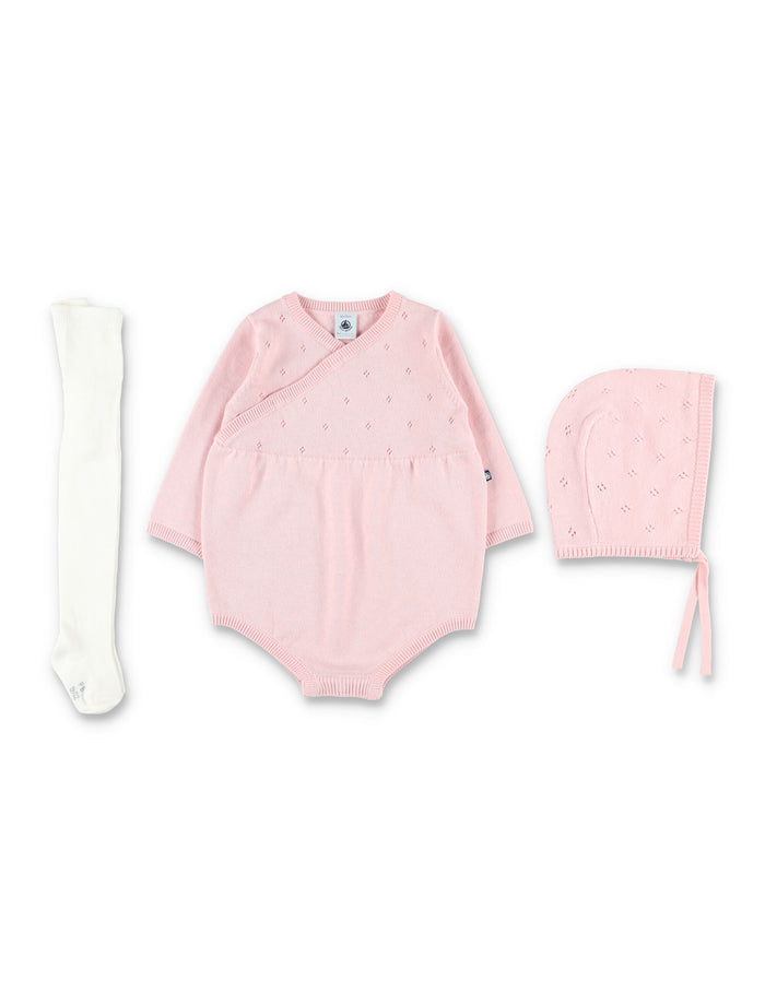 Petit Bateau baby knitted gift set with bonnet and rompers Pink Item 1
