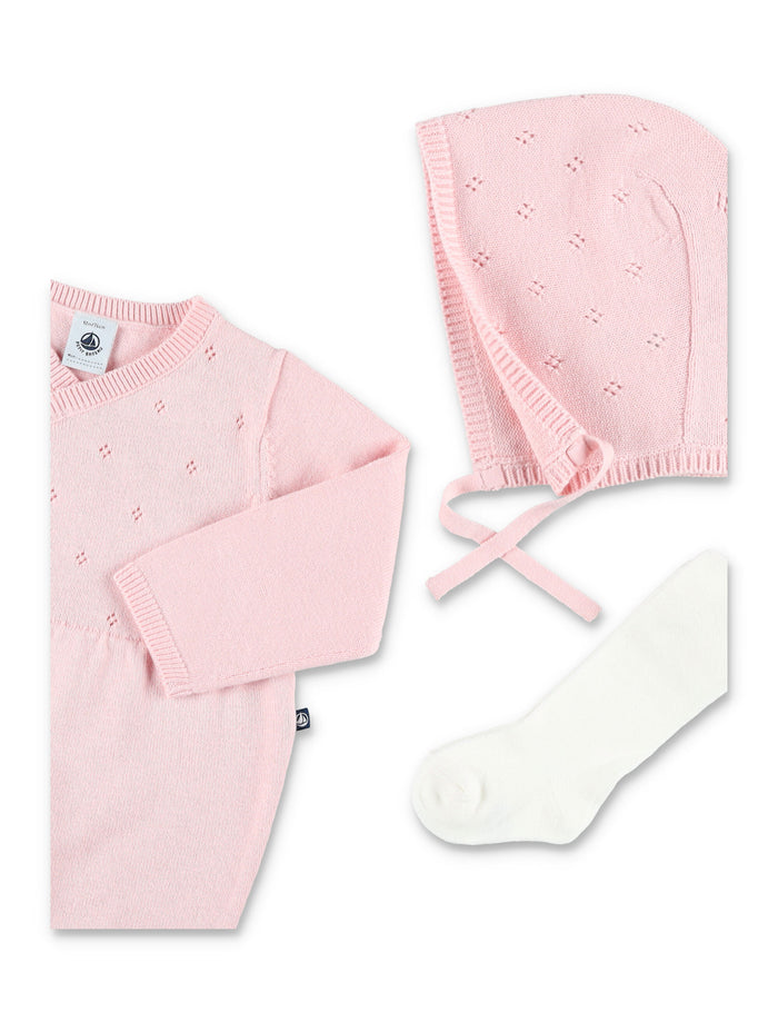 Petit Bateau baby knitted gift set with bonnet and rompers Pink Item 1