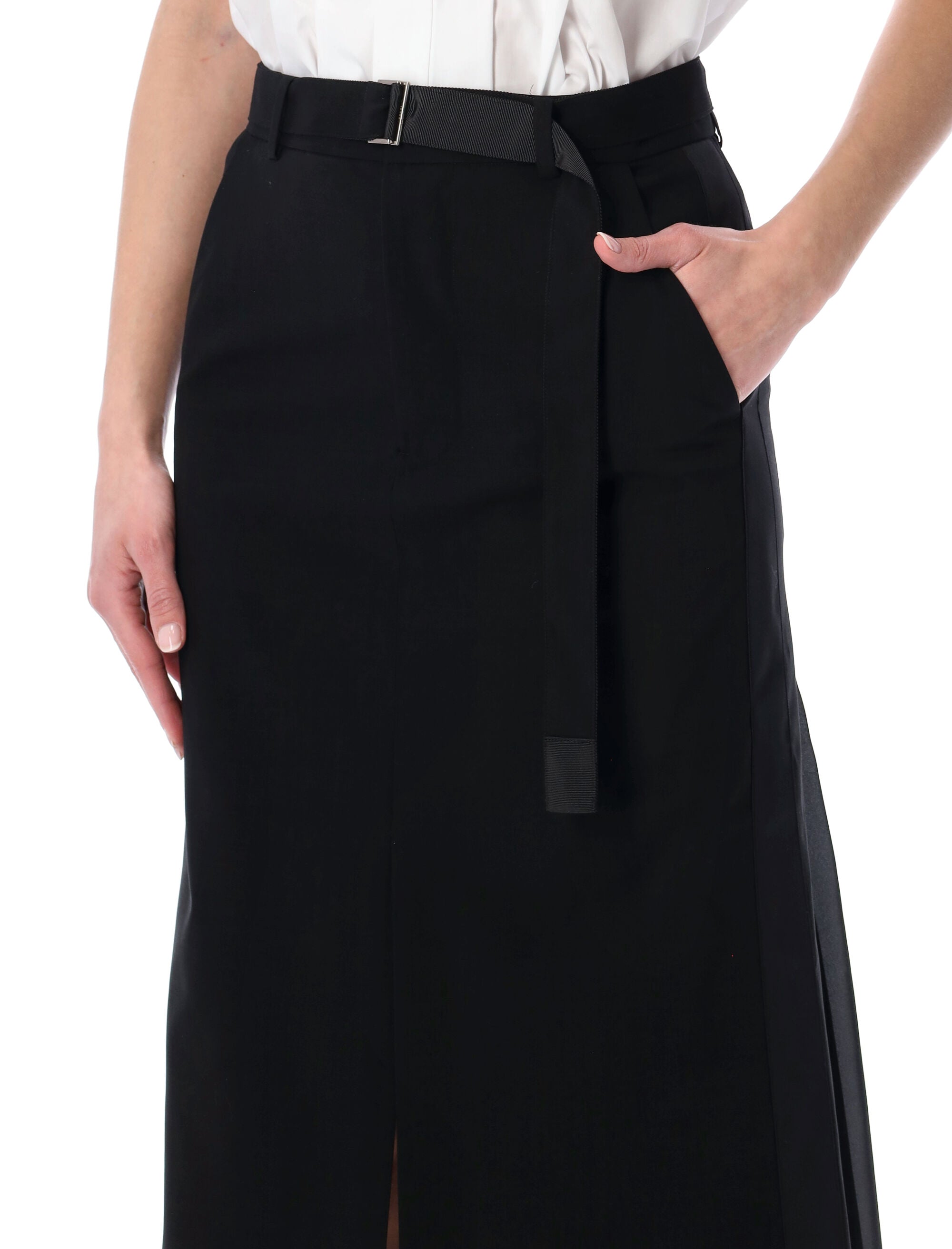 Sacai Wool Pleated Midi Skirt Black Attached Parts