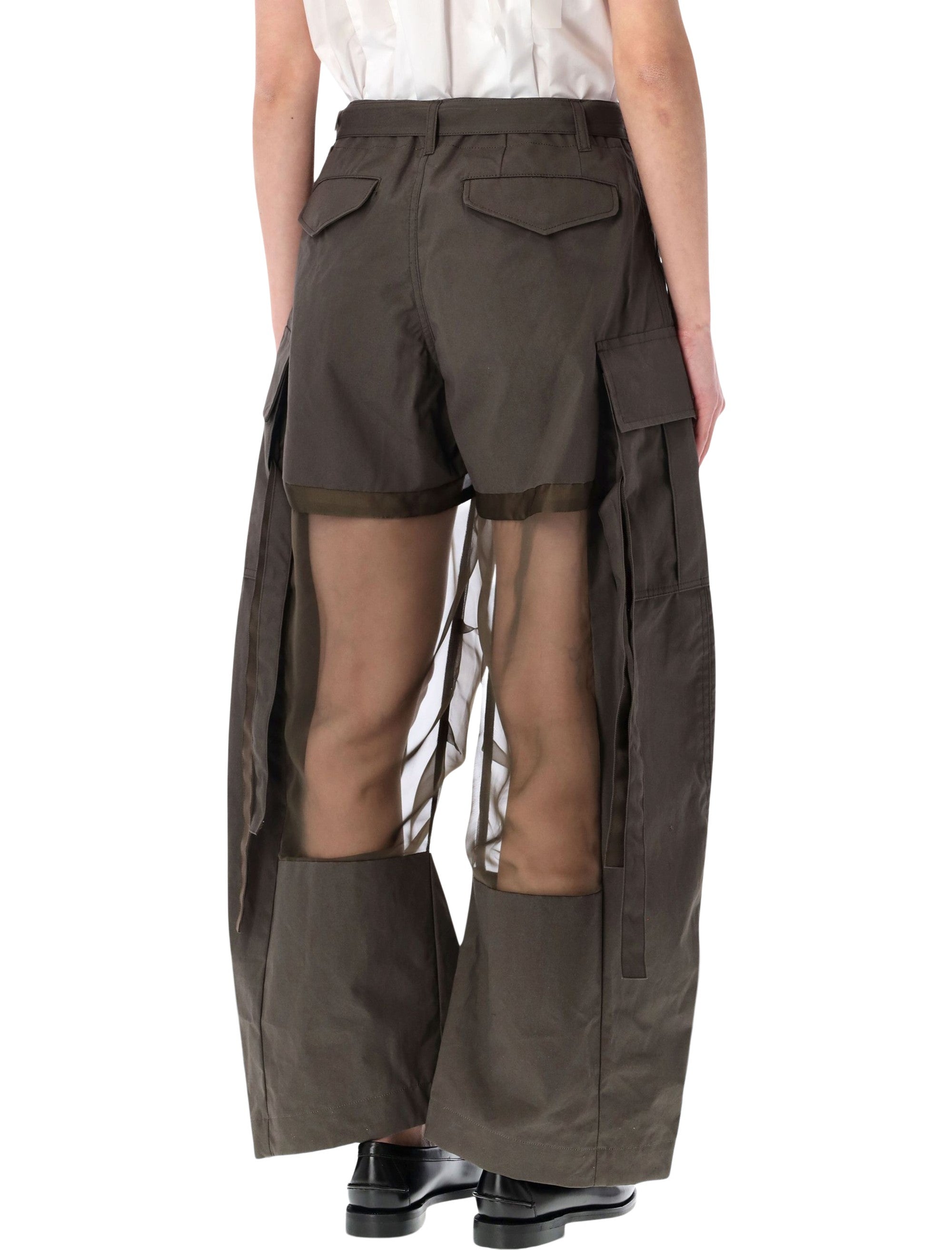 Sacai Sheer Cargo Pants Dark Khaki Cotton