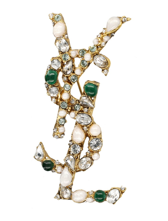 Saint Laurent Cassandre Crystal Brooch Cream Green Gold Brass Pins