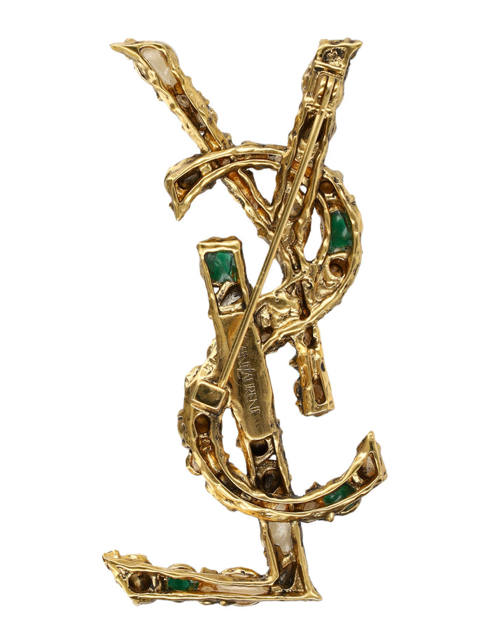 Saint Laurent Cassandre Crystal Brooch Cream Green Gold Brass Pins