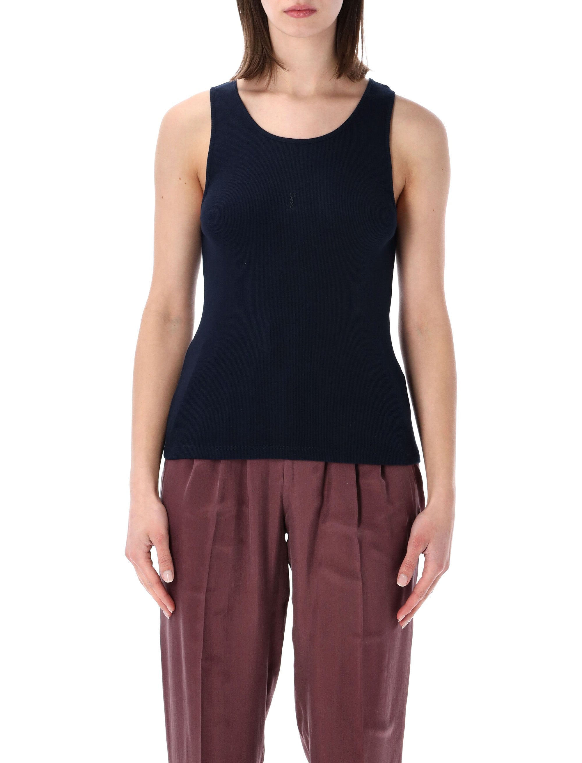 Saint Laurent Cassandre Ribbed Cotton Tank Blue Top
