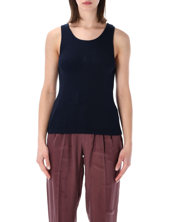 Saint Laurent Cassandre Ribbed Cotton Tank Blue Top