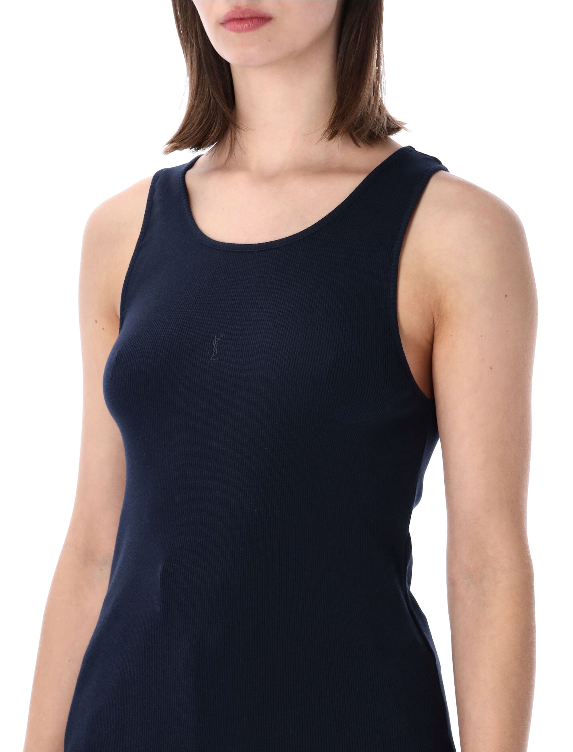 Saint Laurent Cassandre Ribbed Cotton Tank Blue Top