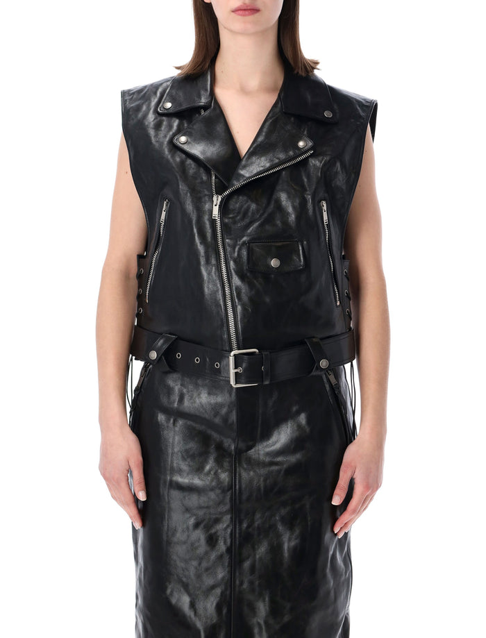 Saint Laurent Leather Biker Vest With Belt Black Calf