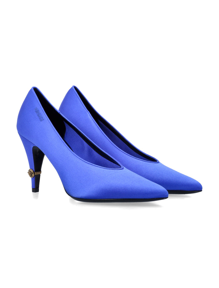 Versace Gianni satin pointed pumps Cobalt + Gold Upper