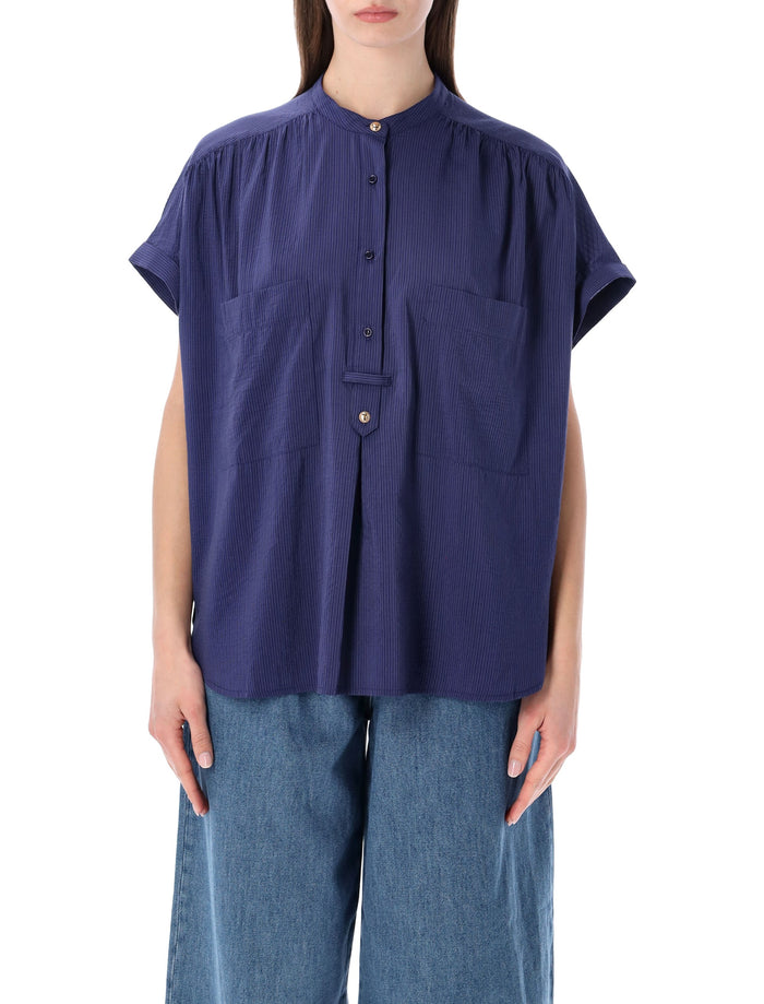 Sessùn Camille Sleeveless Jacquard Stripes Blouse Blue Viscose Shirt