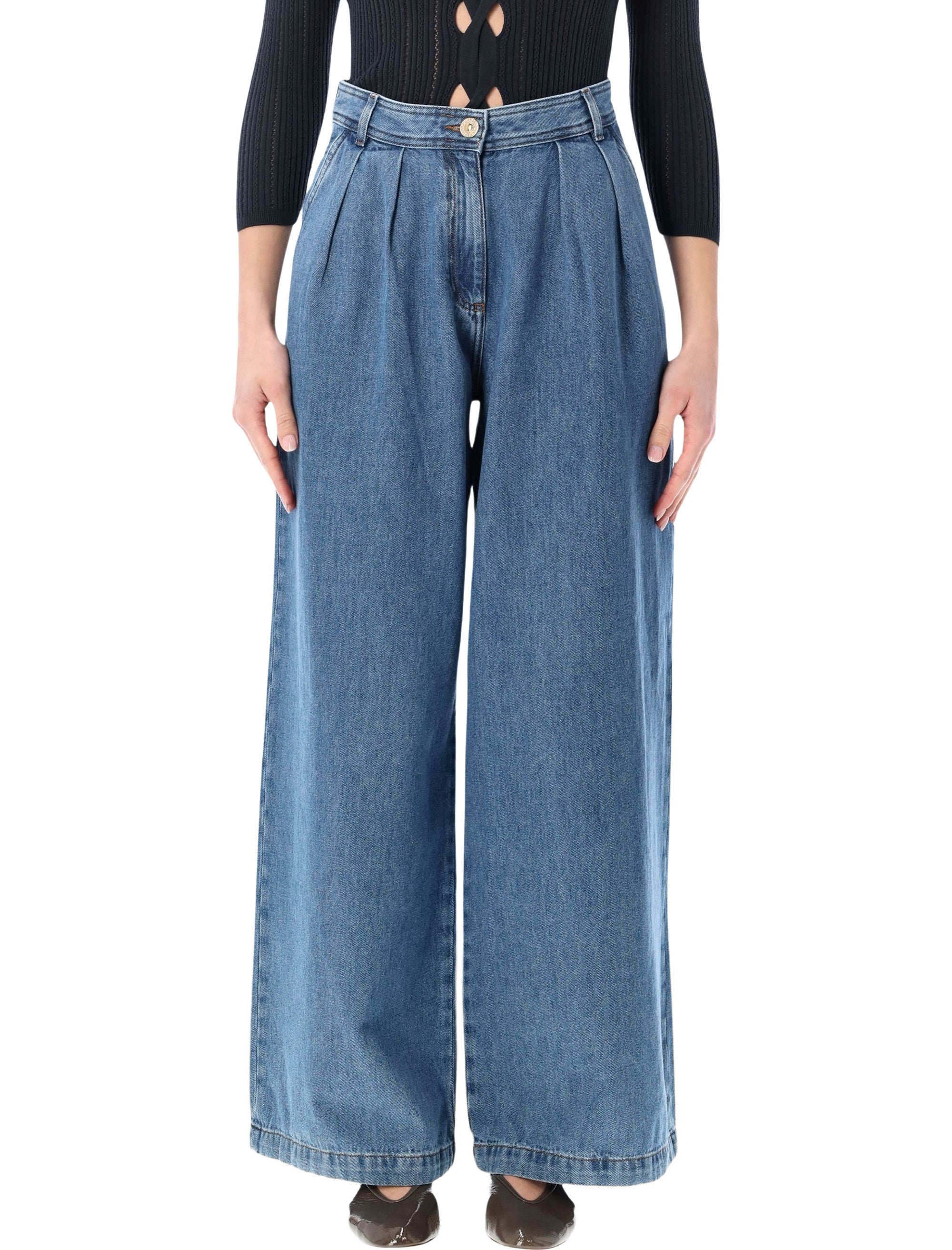 Sessùn Diegui Pleated Wide-Leg Jeans Mid Blue Cotton