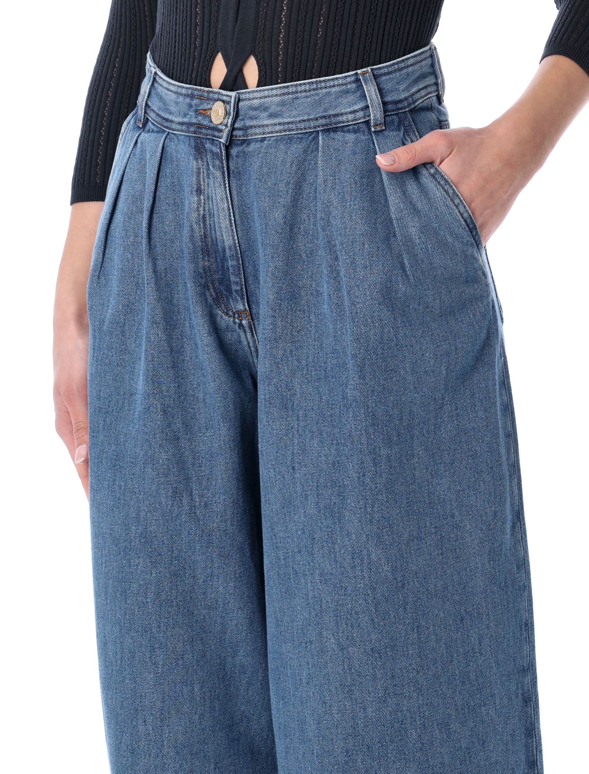 Sessùn Diegui Pleated Wide-Leg Jeans Mid Blue Cotton