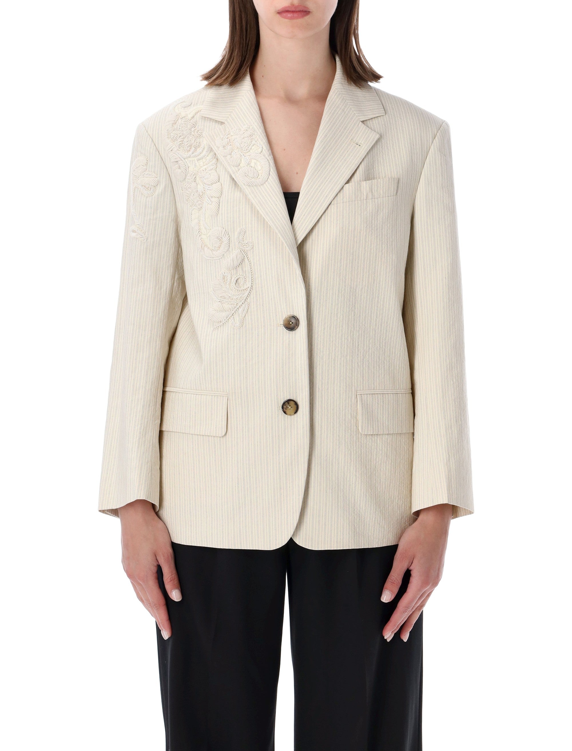 Dries Van Noten Embroidered Blazer Ecru Cotton