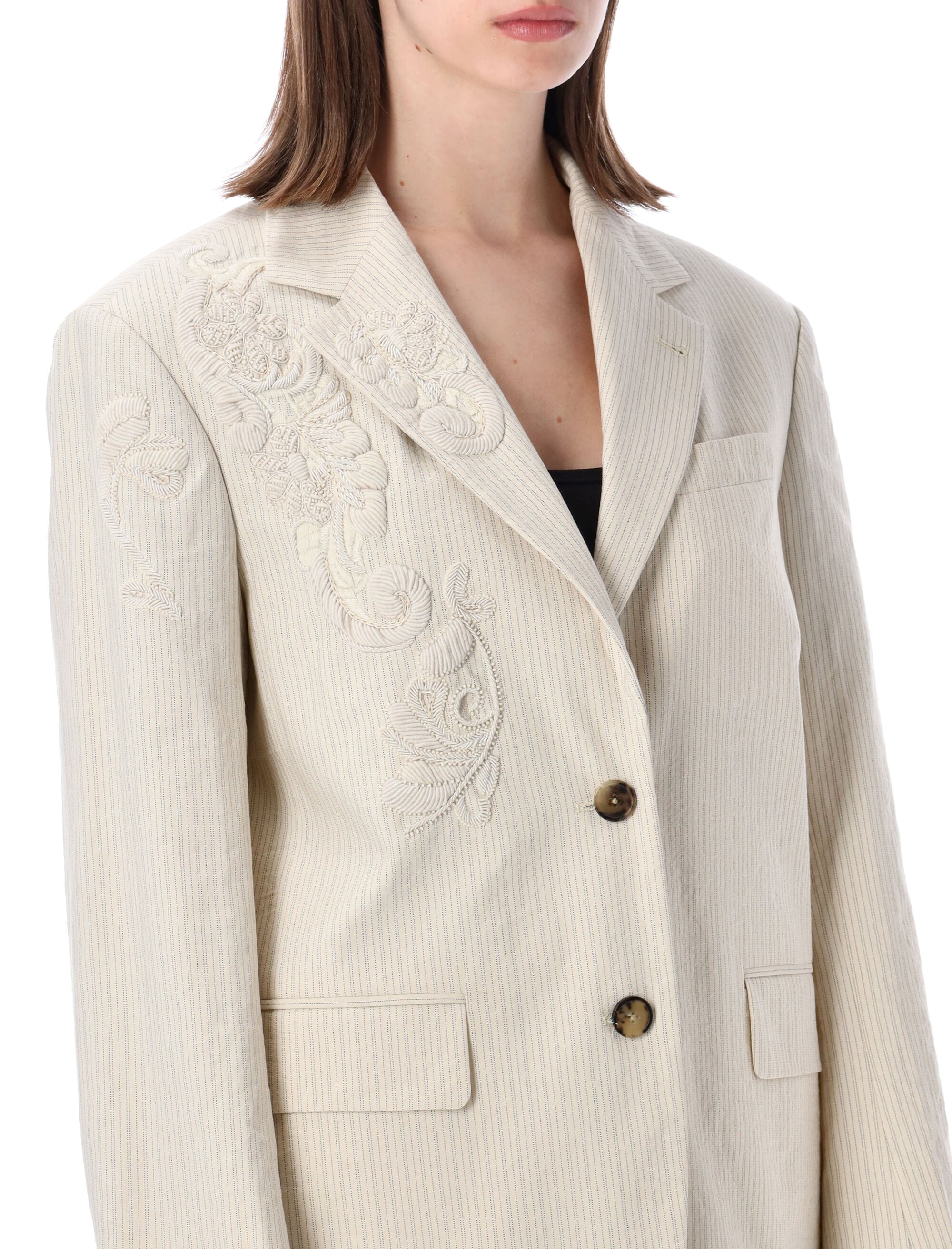Dries Van Noten Embroidered Blazer Ecru Cotton