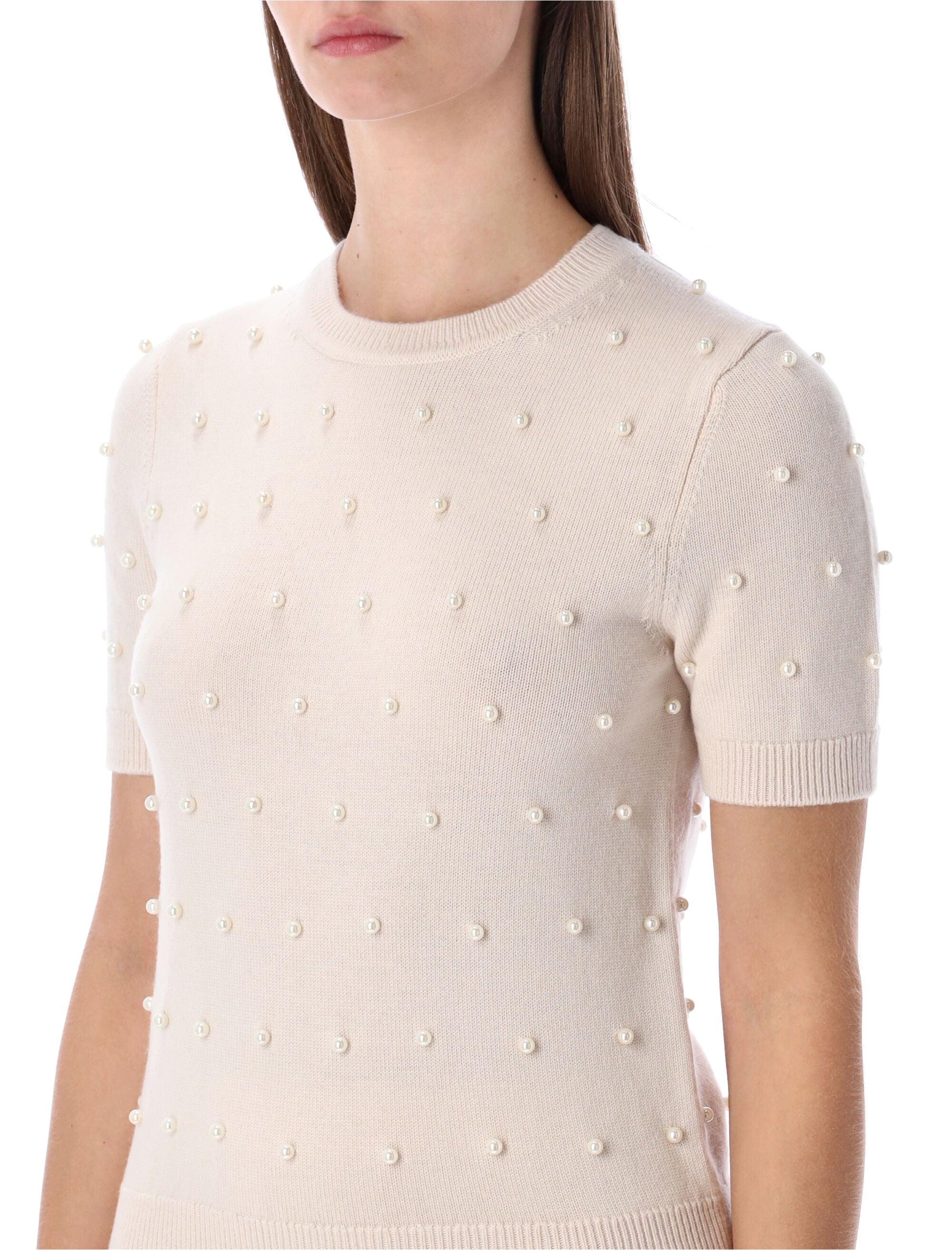 Zimmermann Hypnotic cream beaded knit t-shirt Chalk Merino Wool Sweater