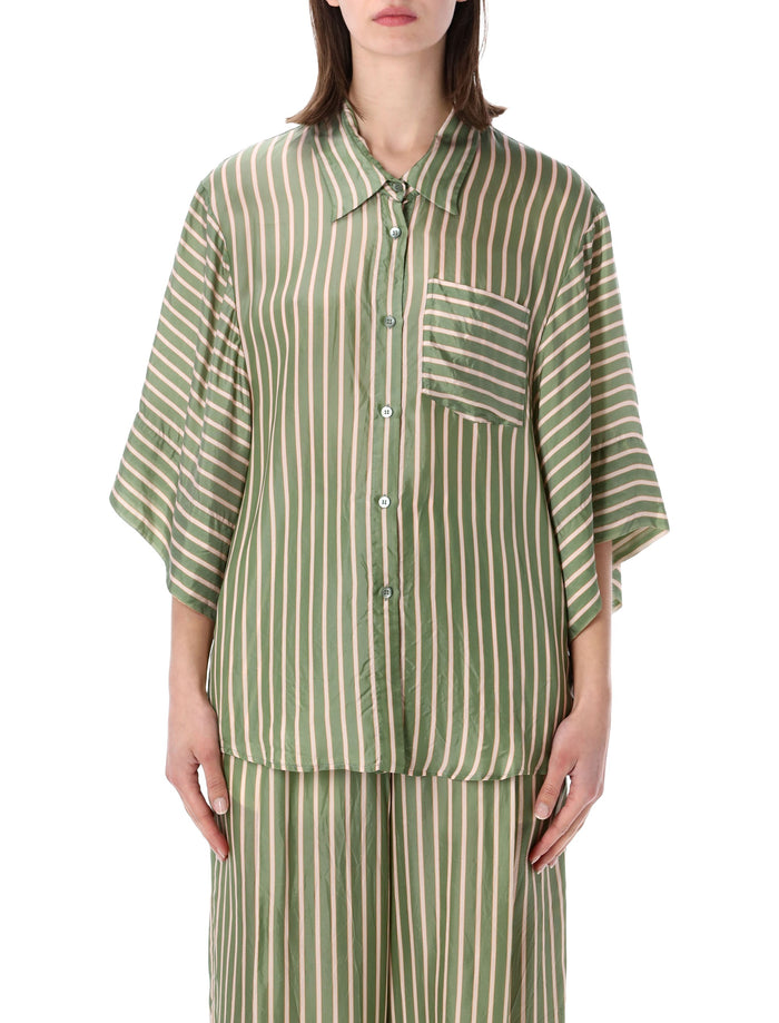 Dries Van Noten Striped Cupro Short Sleeve Shirt Green
