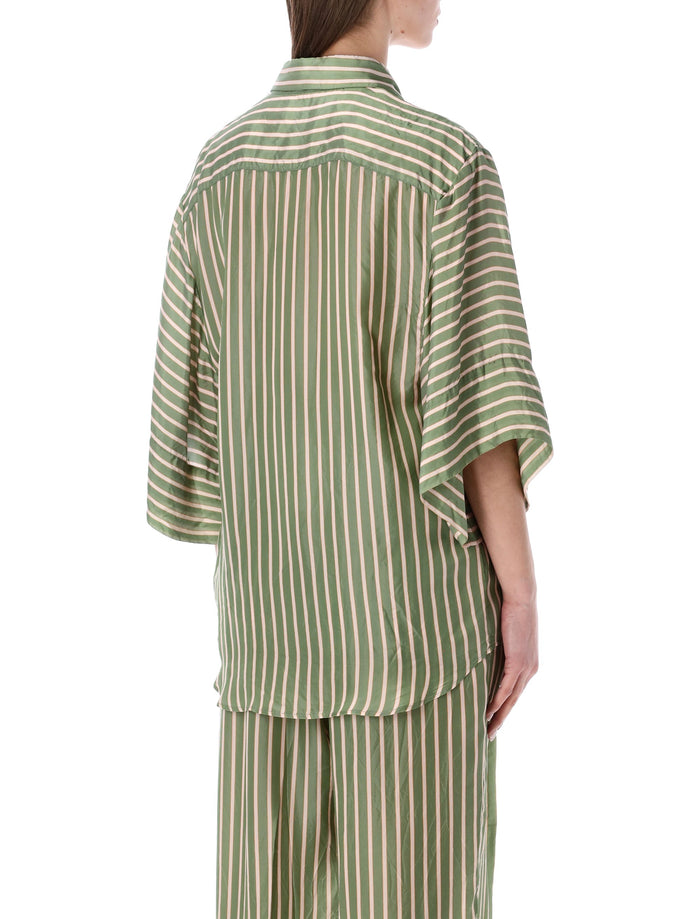 Dries Van Noten Striped Cupro Short Sleeve Shirt Green