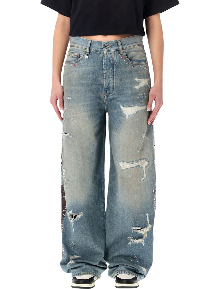 Amiri Bones wide-leg studded jeans Driftwood Blue Cotton
