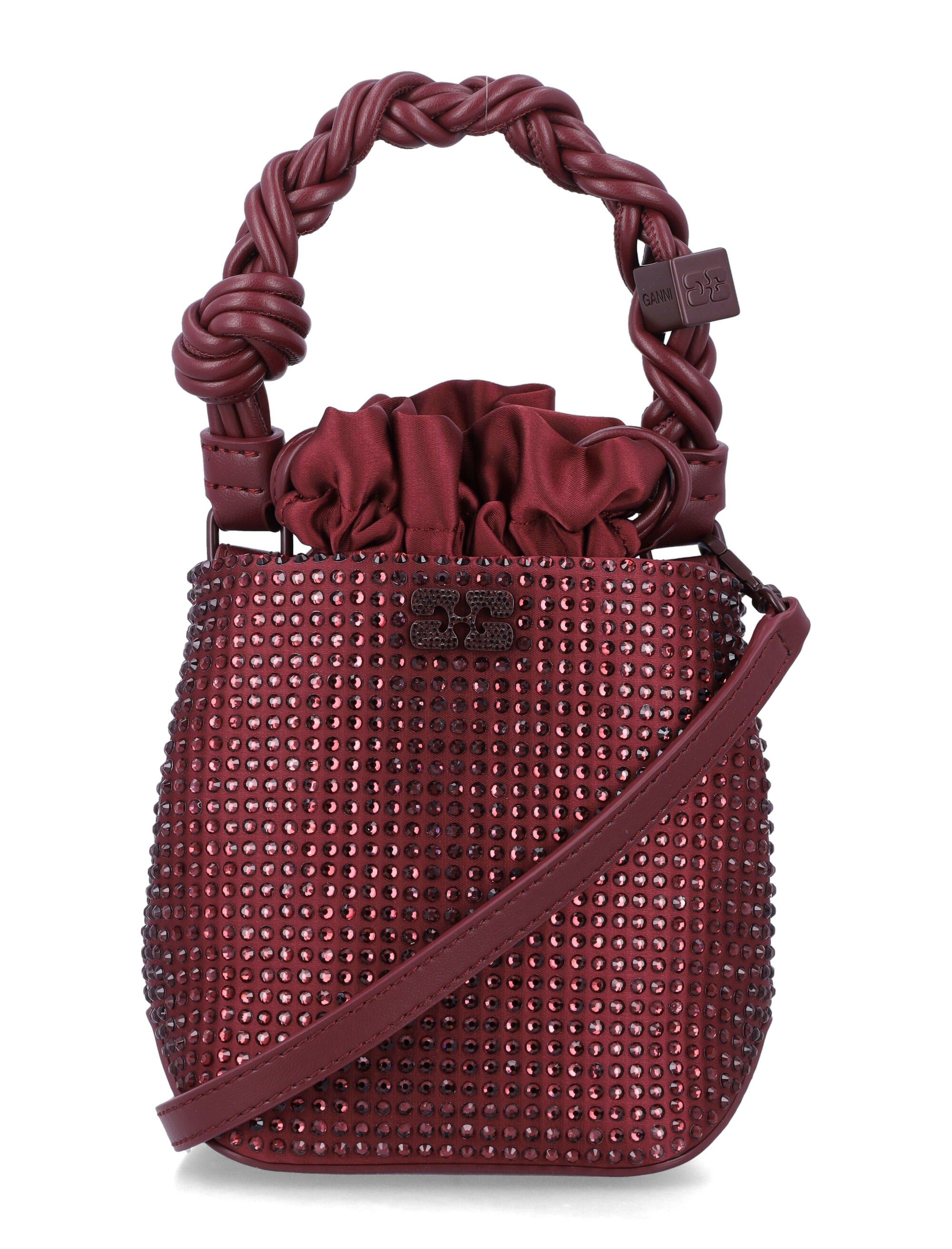 Ganni Mini Bou crystal bucket bag Burgundy Polyester Trim Shoulder