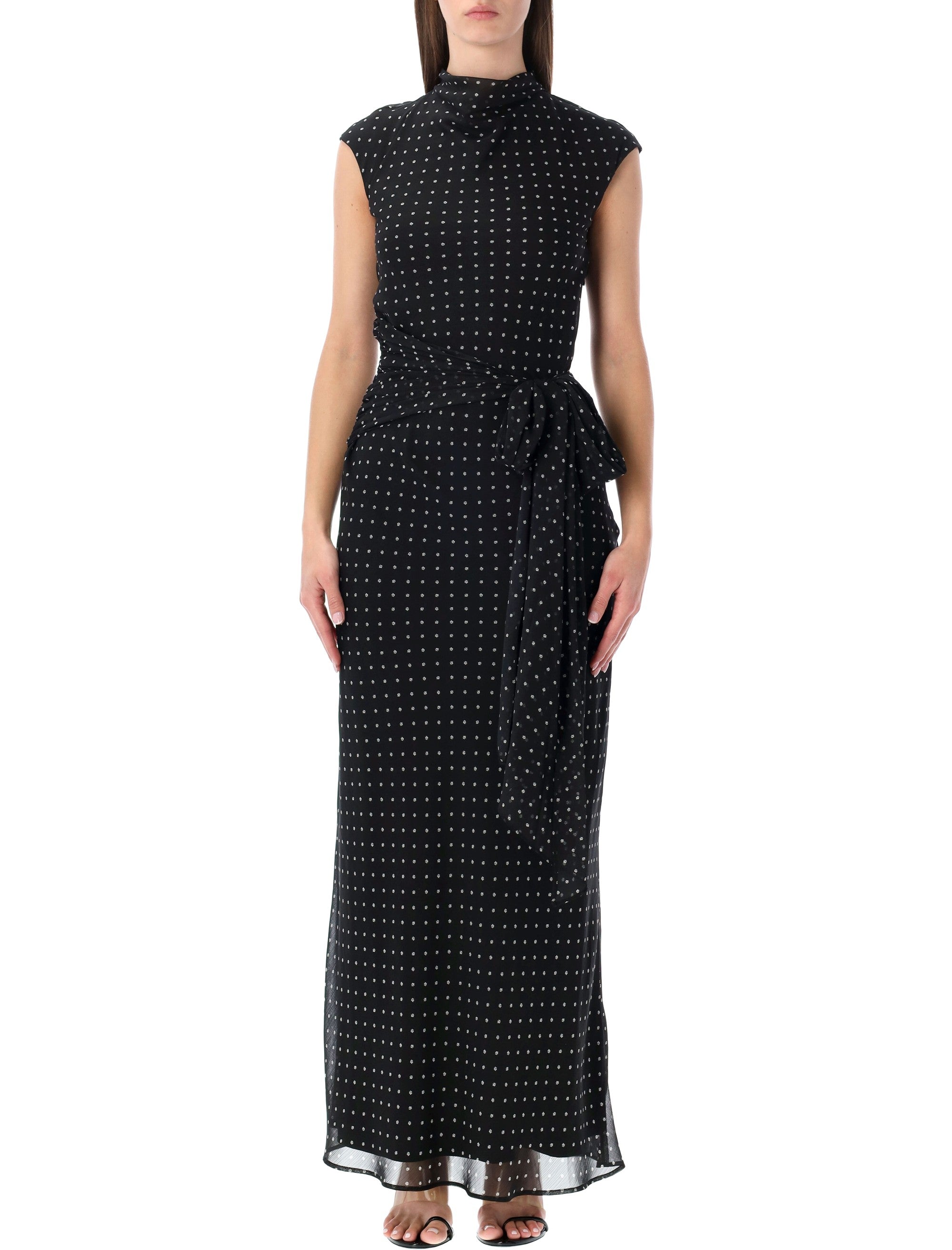 Rotate long printed dress with tie Black Recycled Polyester