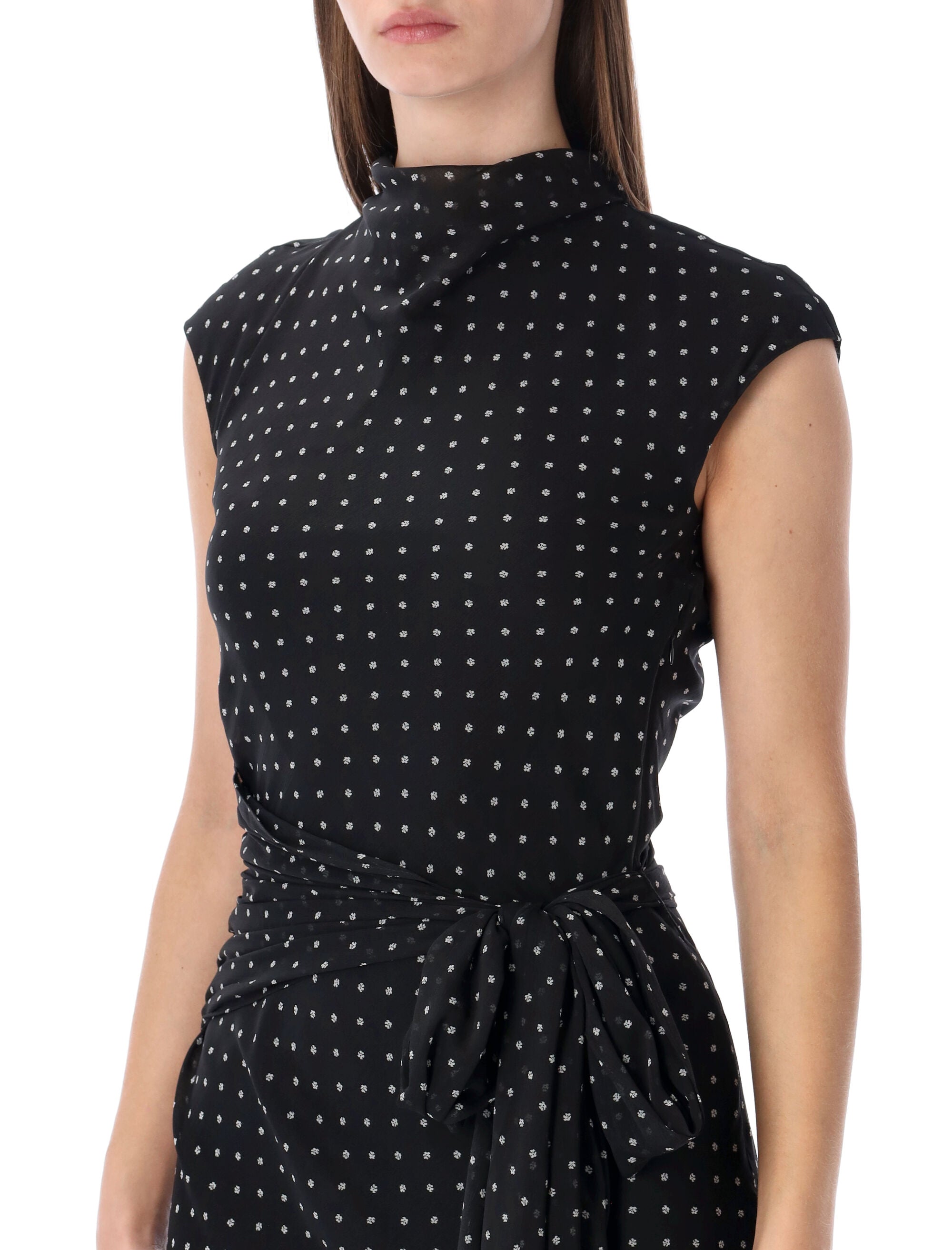 Rotate long printed dress with tie Black Recycled Polyester