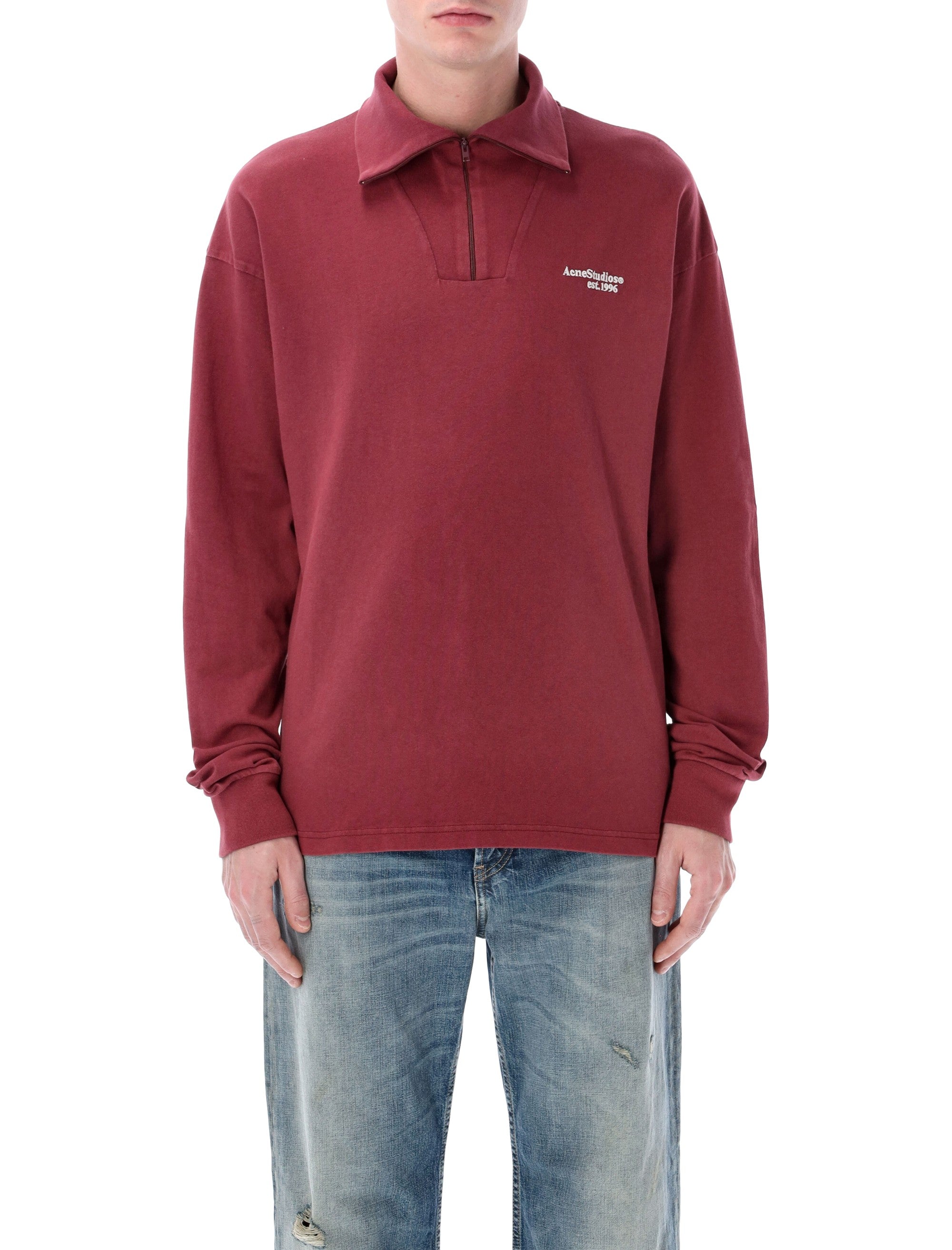 Acne Studios Zip-Up Logo Sweatshirt Maroon Red Organic Cotton
