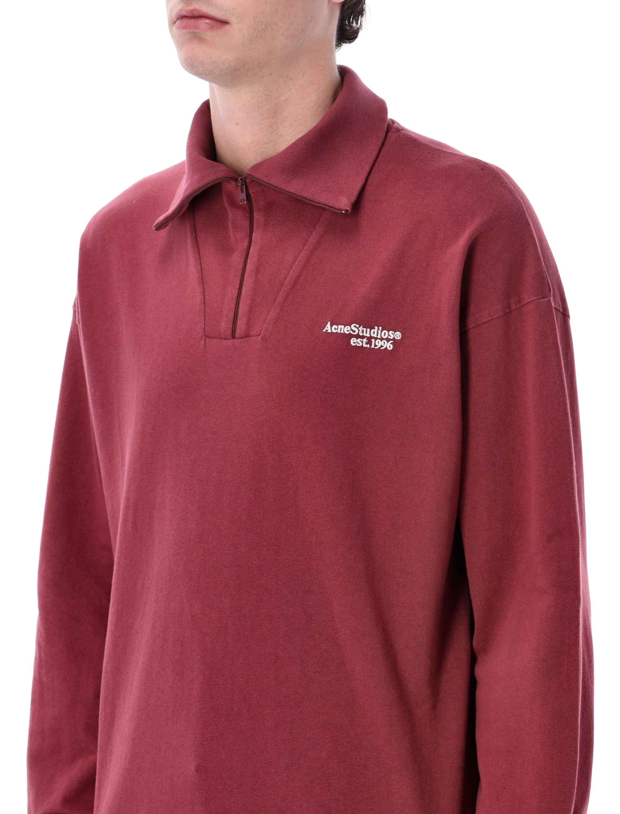Acne Studios Zip-Up Logo Sweatshirt Maroon Red Organic Cotton