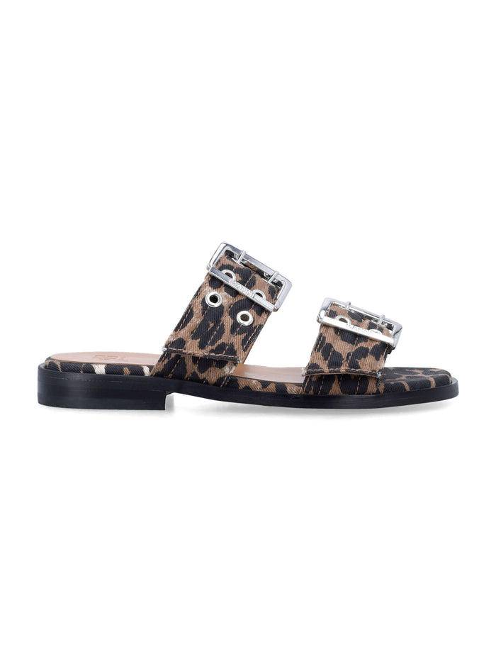 Ganni Buckle Two-Strap Sandals Leopard Organic Cotton