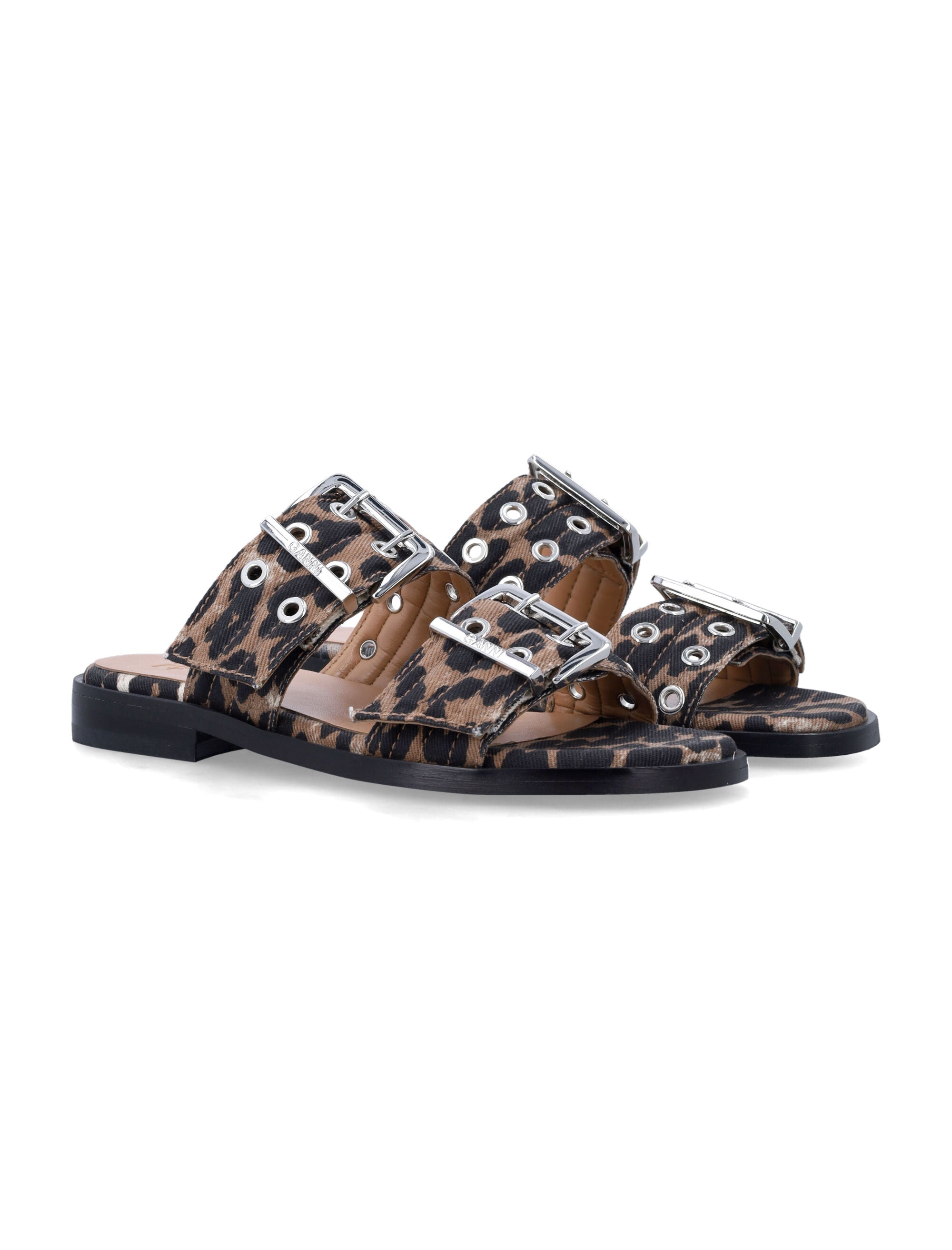 GANNI buckle two-strap sandals Leopard Organic Cotton