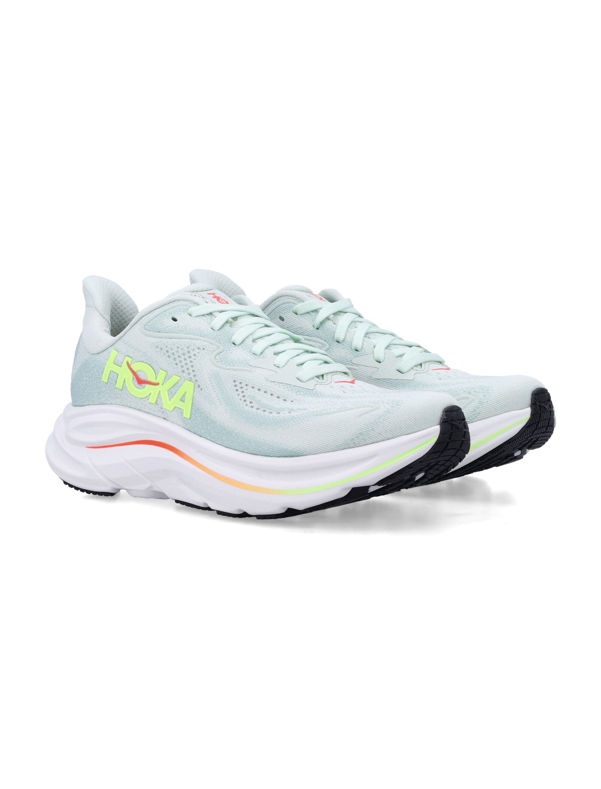 Hoka One Clifton 10 womans sneakers Sea Glass / Neon Flame Mesh Sole