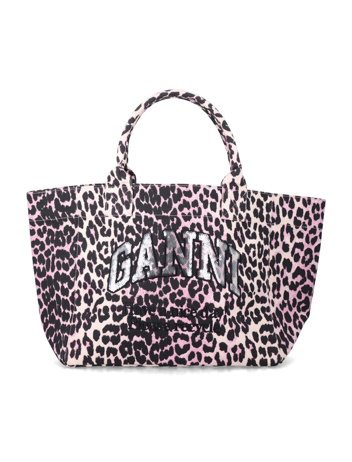 Ganni Leopard Medium Tote Bleached Mauve Recycled Cotton