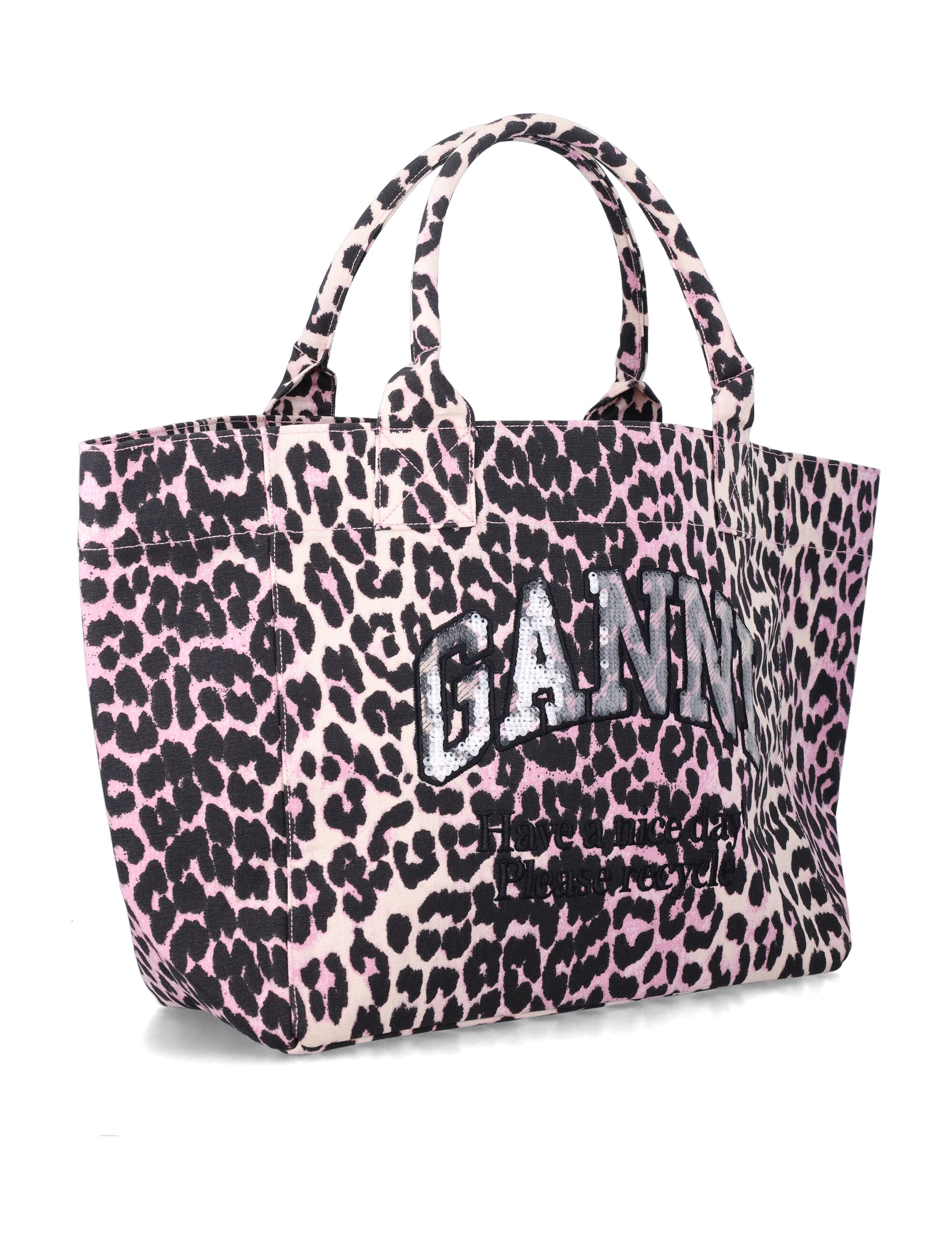 Ganni Leopard Medium Tote Bleached Mauve Recycled Cotton