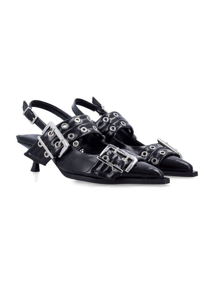 Ganni Black Buckle Kitten Heel Pumps Recycled Polyester