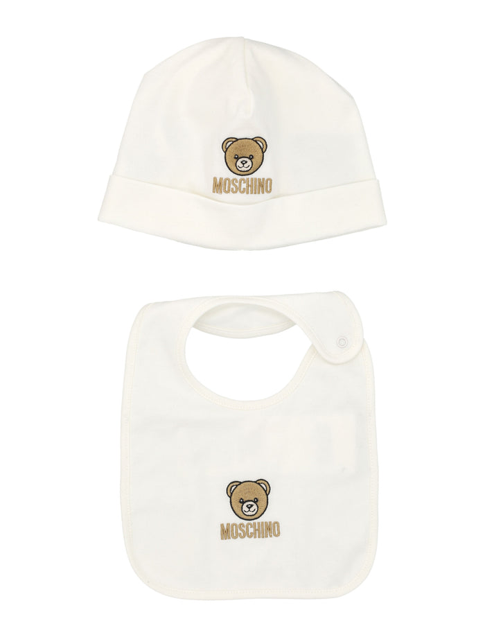 Moschino Baby Teddy logo hat & bib set Cloud Cotton