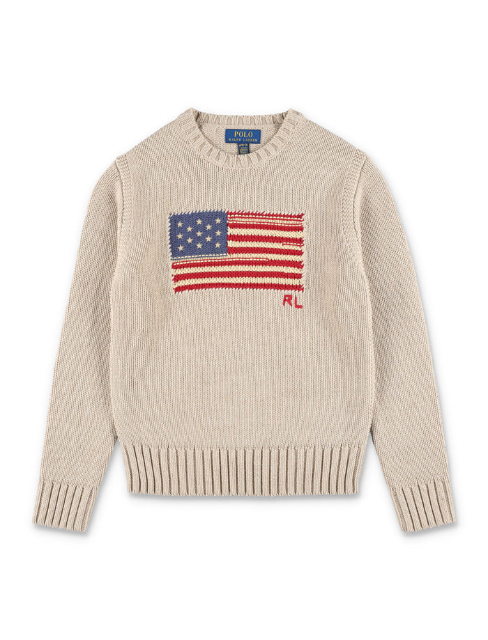 Polo Ralph Lauren Kids Flag Knit Jumper Beige Cotton Sweater