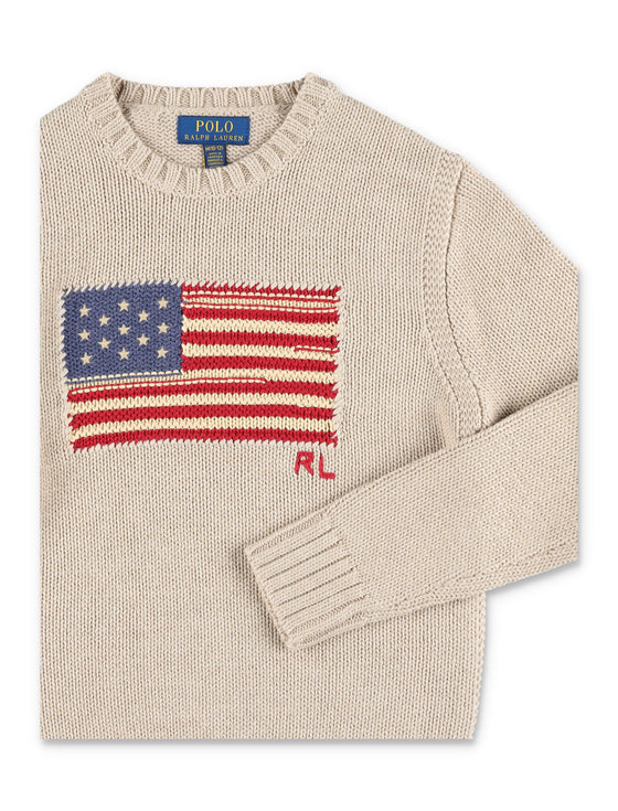 Polo Ralph Lauren Kids Flag Knit Jumper Beige Cotton Sweater