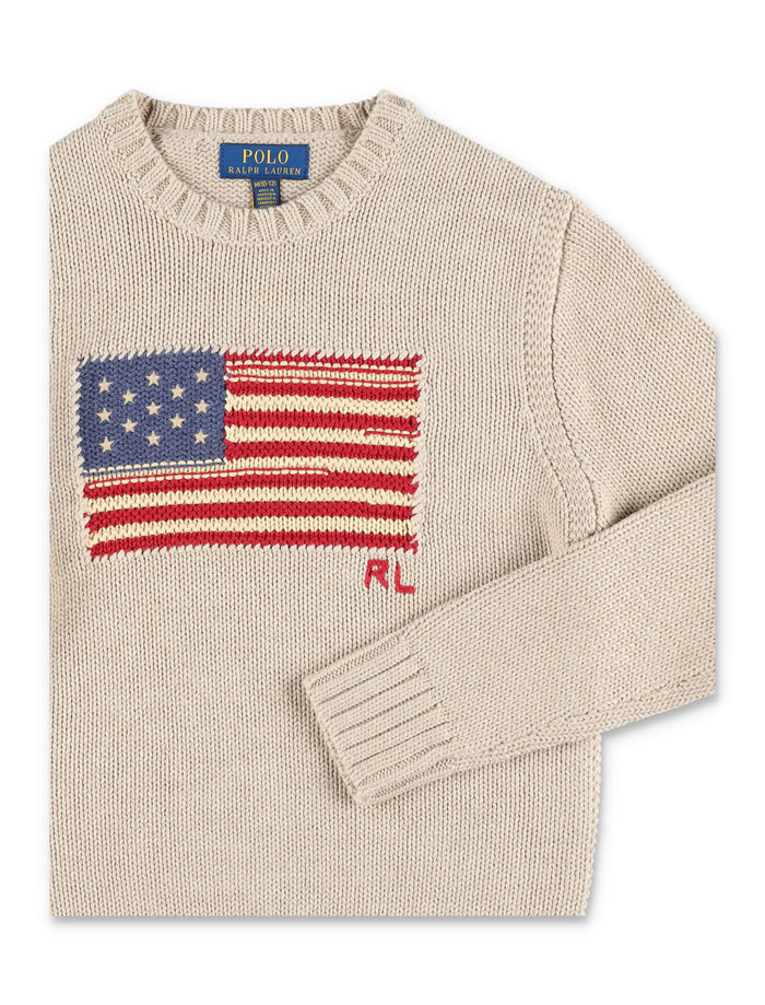 Polo Ralph Lauren Kids Flag Knit Jumper Beige Cotton Sweater