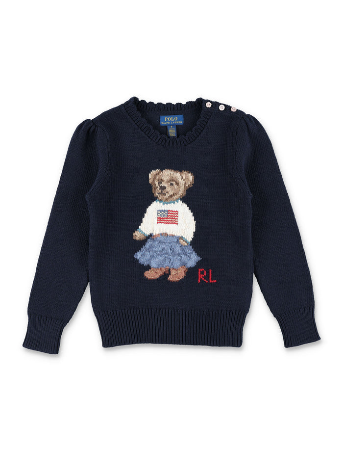 Polo Ralph Lauren Bear Sweater For Girls Navy Cotton