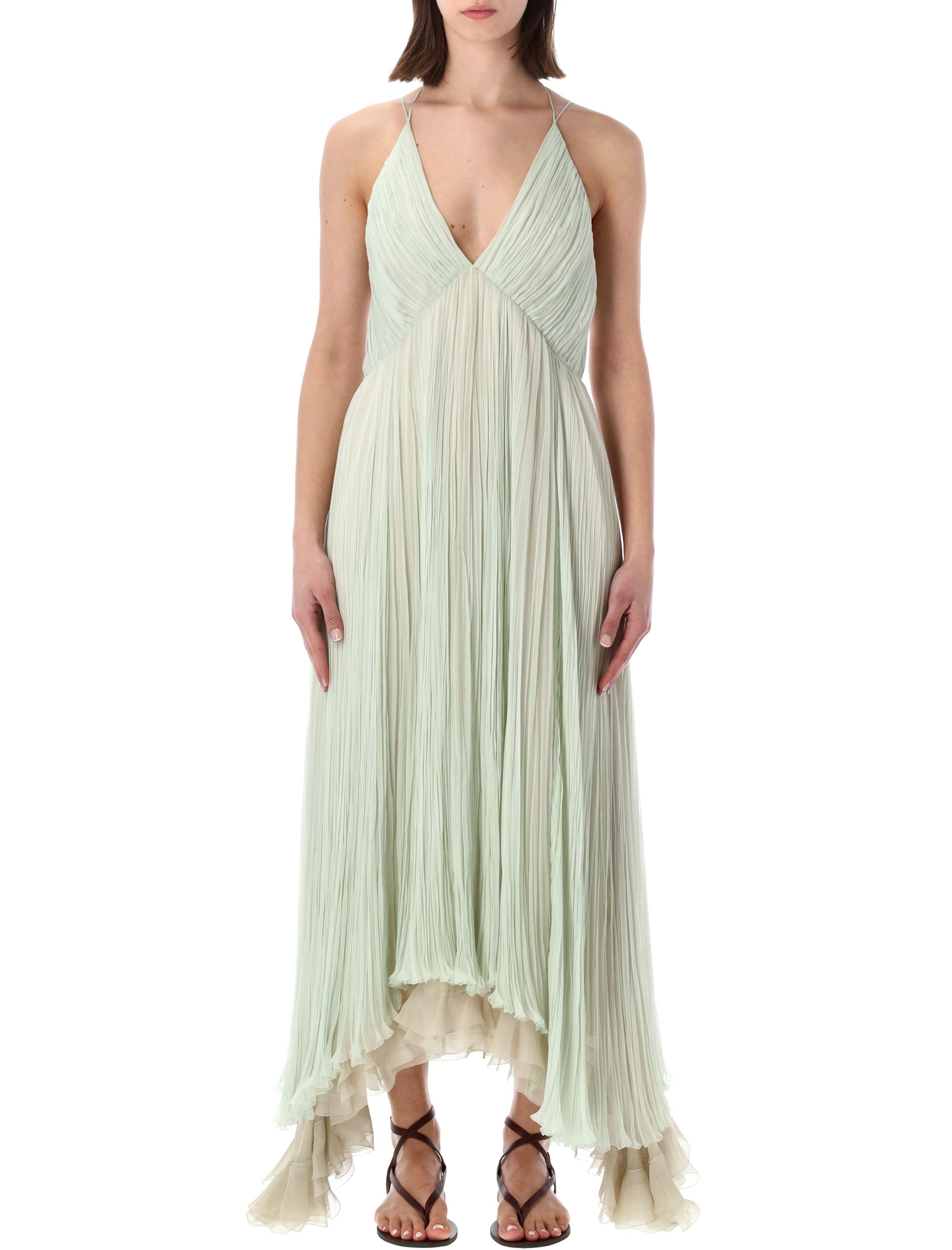Alberta Ferretti Plissé Chiffon Maxi Dress Green Silk