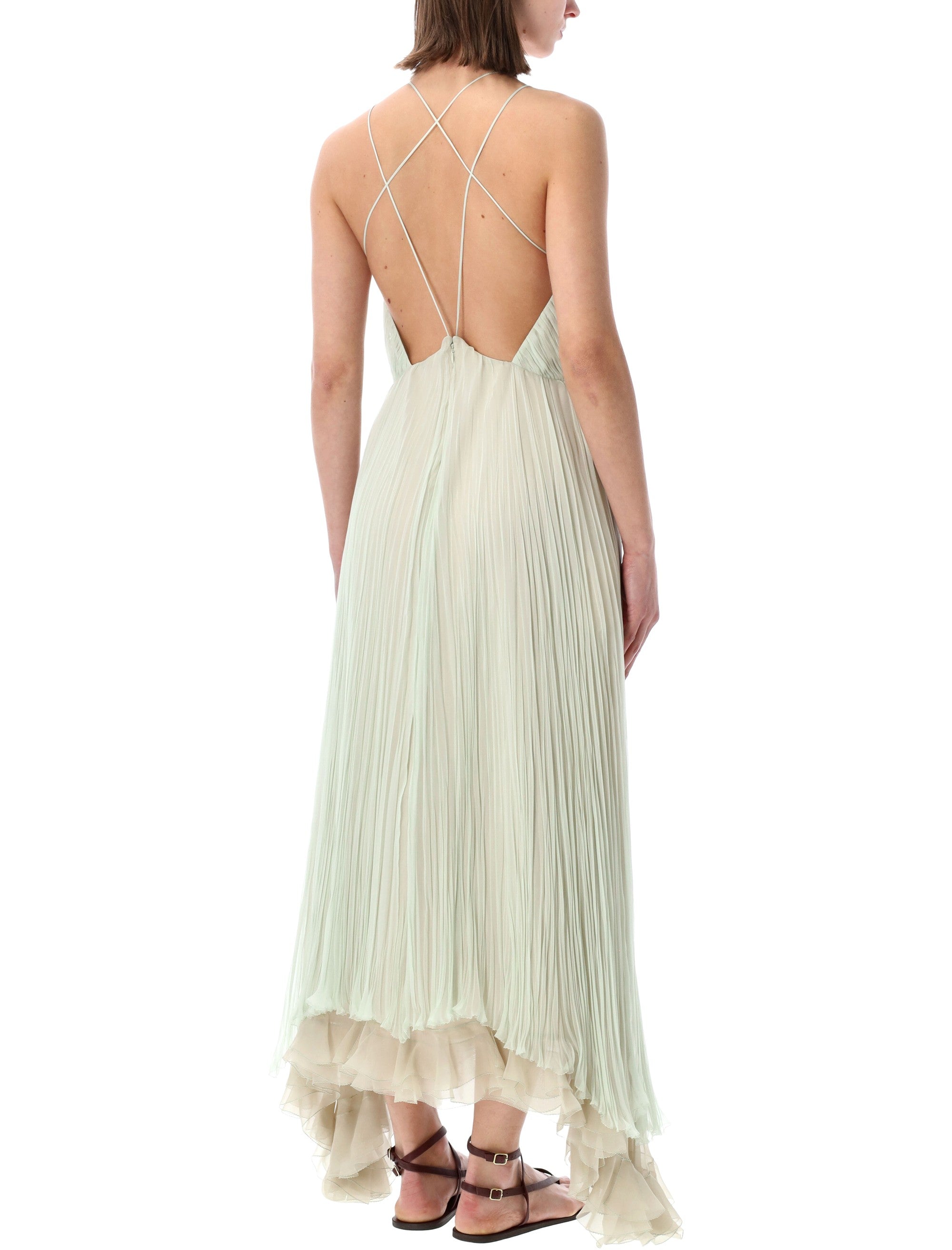 Alberta Ferretti Plissé Chiffon Maxi Dress Green Silk