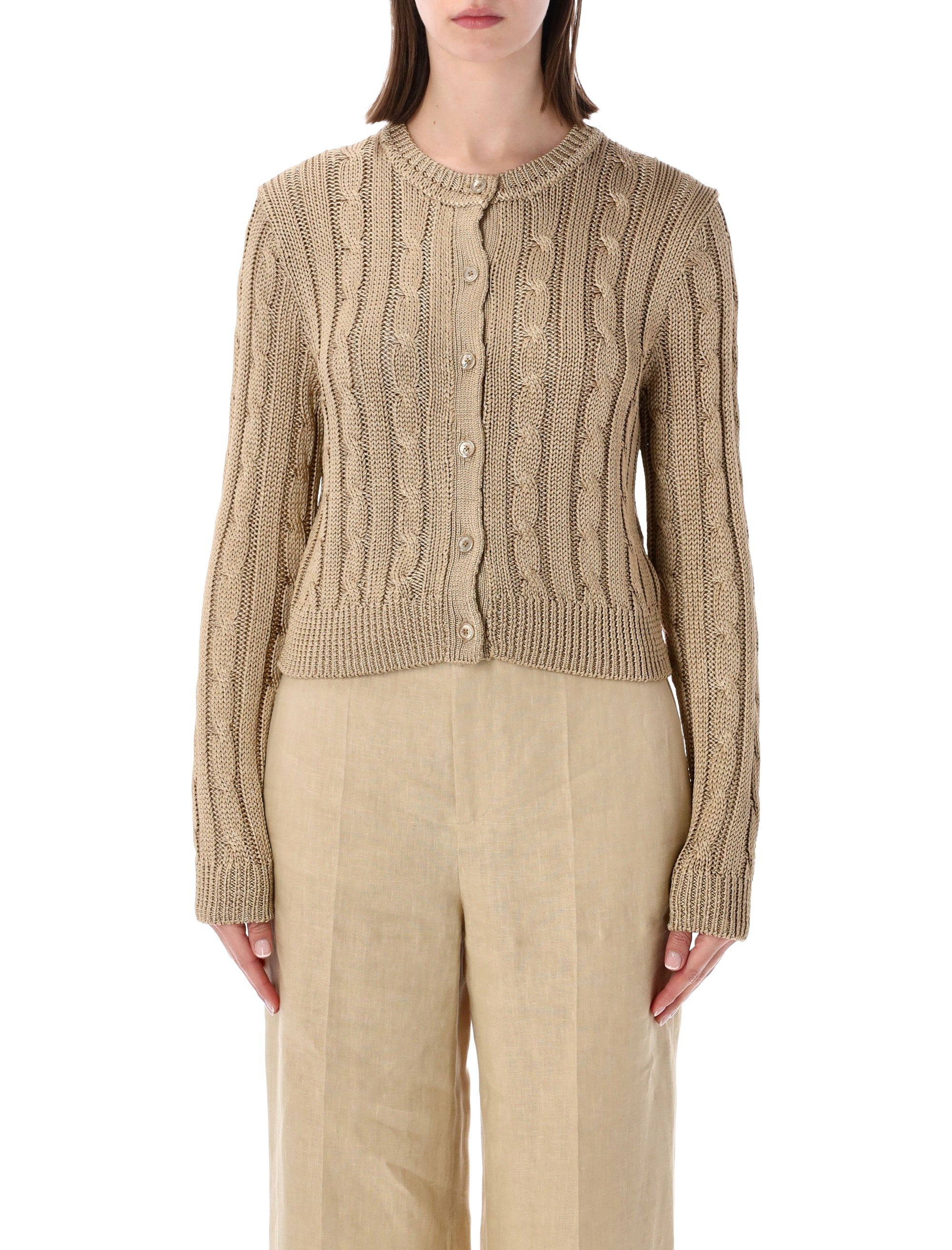 Ralph Lauren cropped cable knit silk cardigan Light Tan