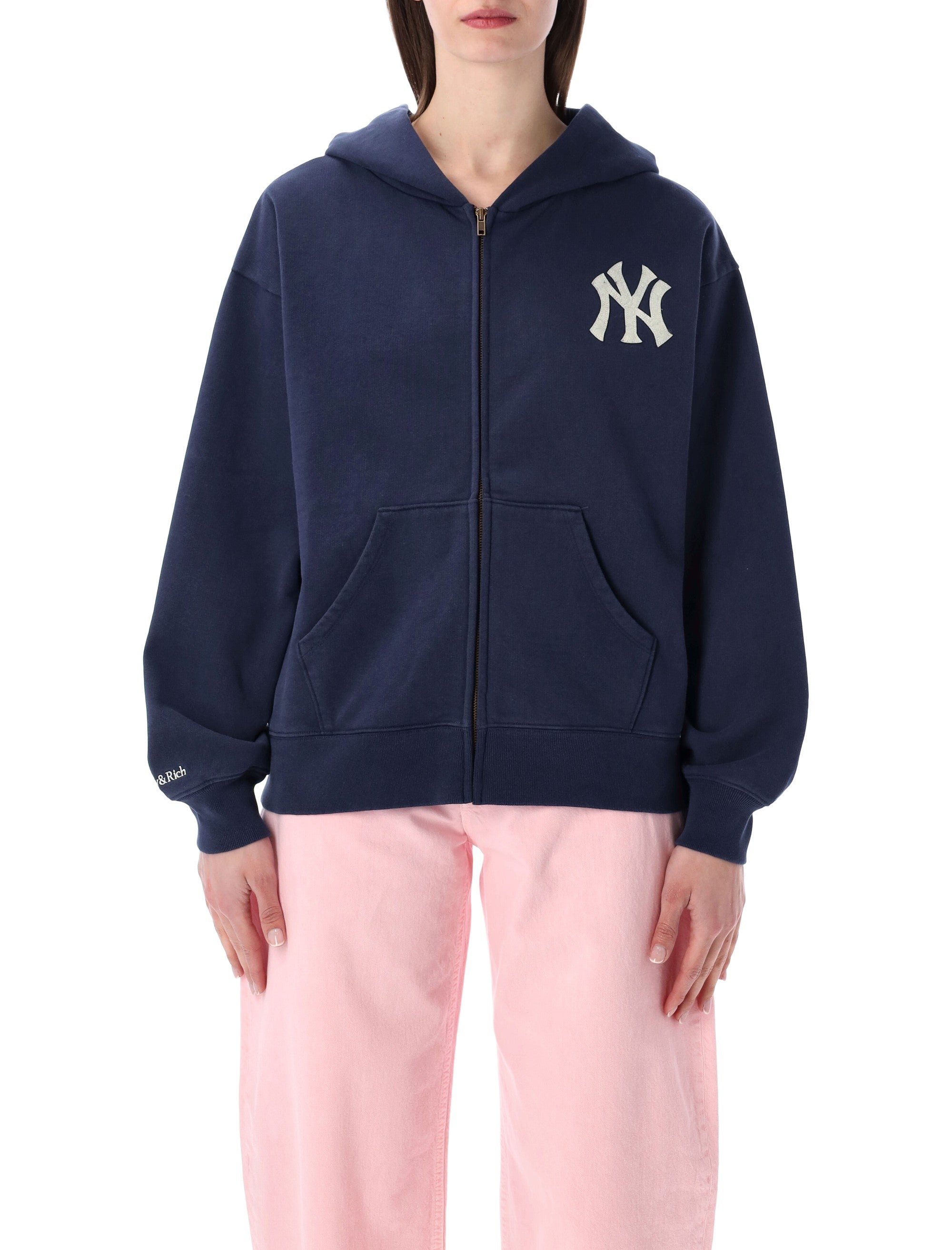Sporty & Rich Blue Heritage Yankees Zip Hoodie Dark Navy Cotton Sweatshirt