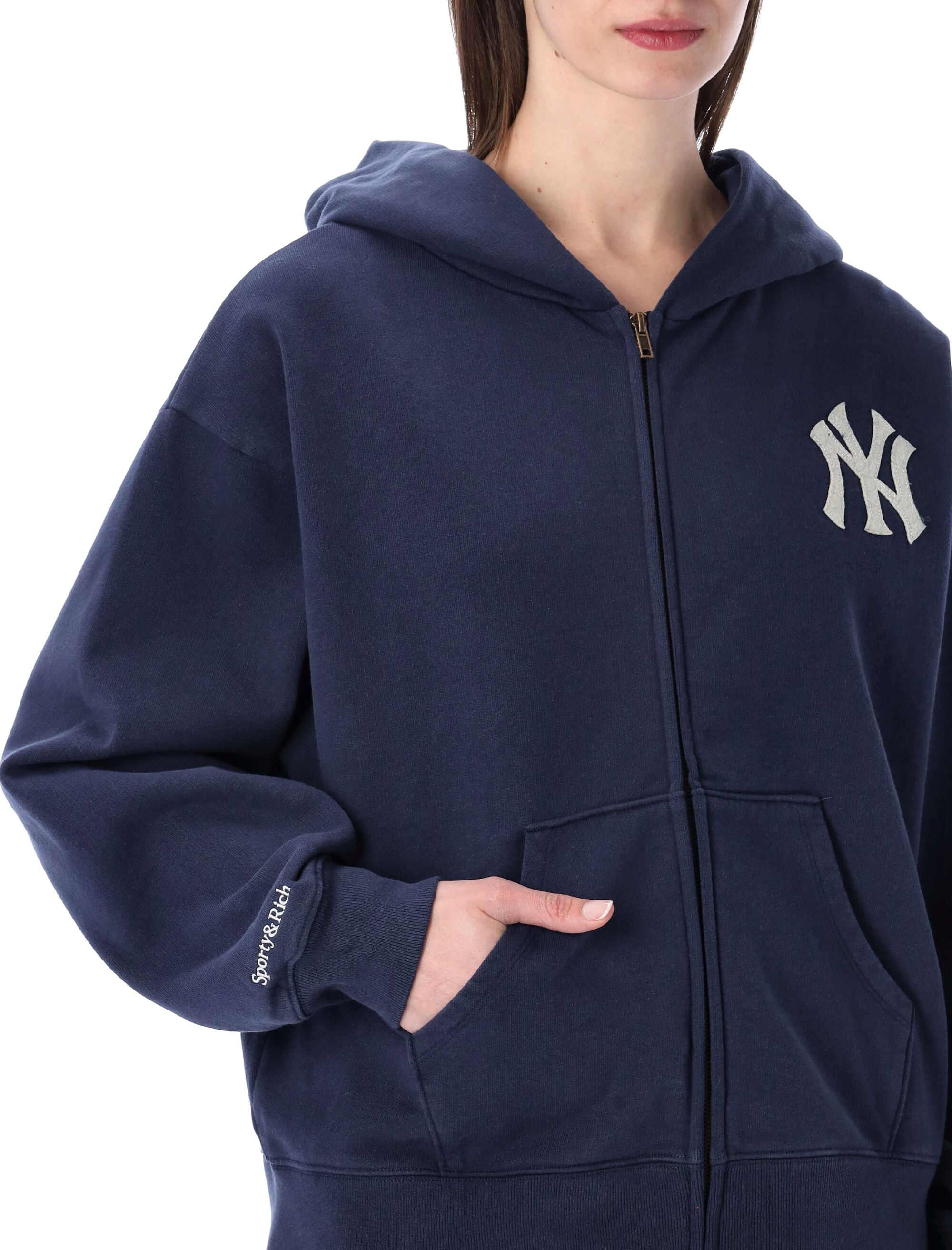 Sporty & Rich Blue Heritage Yankees Zip Hoodie Dark Navy Cotton Sweatshirt