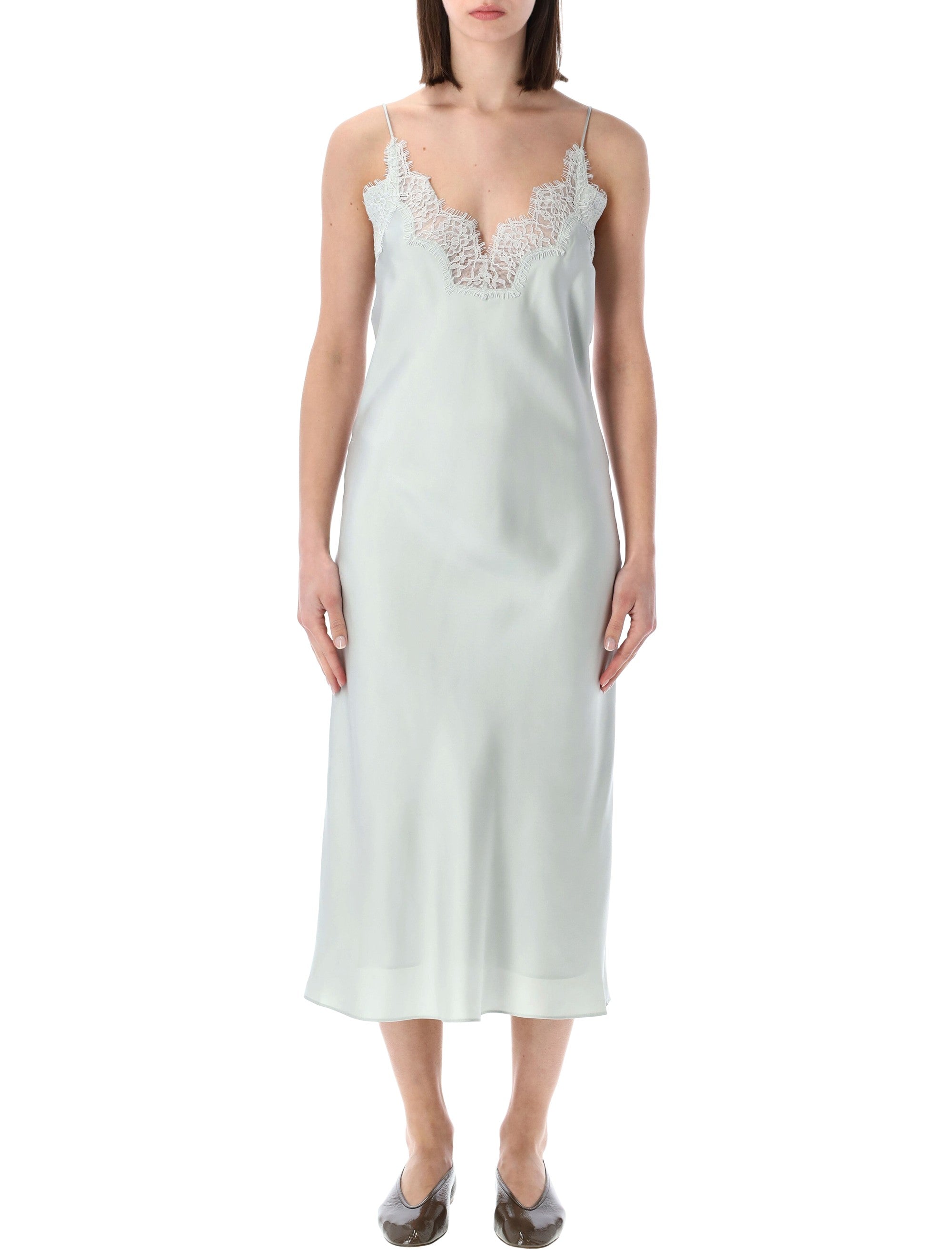 Róhe Lace Silk Slip Dress Foam Green