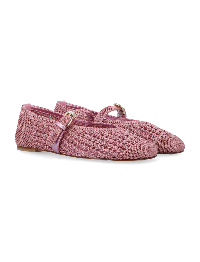 Stuart Weitzman Metallic Crochet Leora Mary Jane Flat Pink Sand Upper Shoes