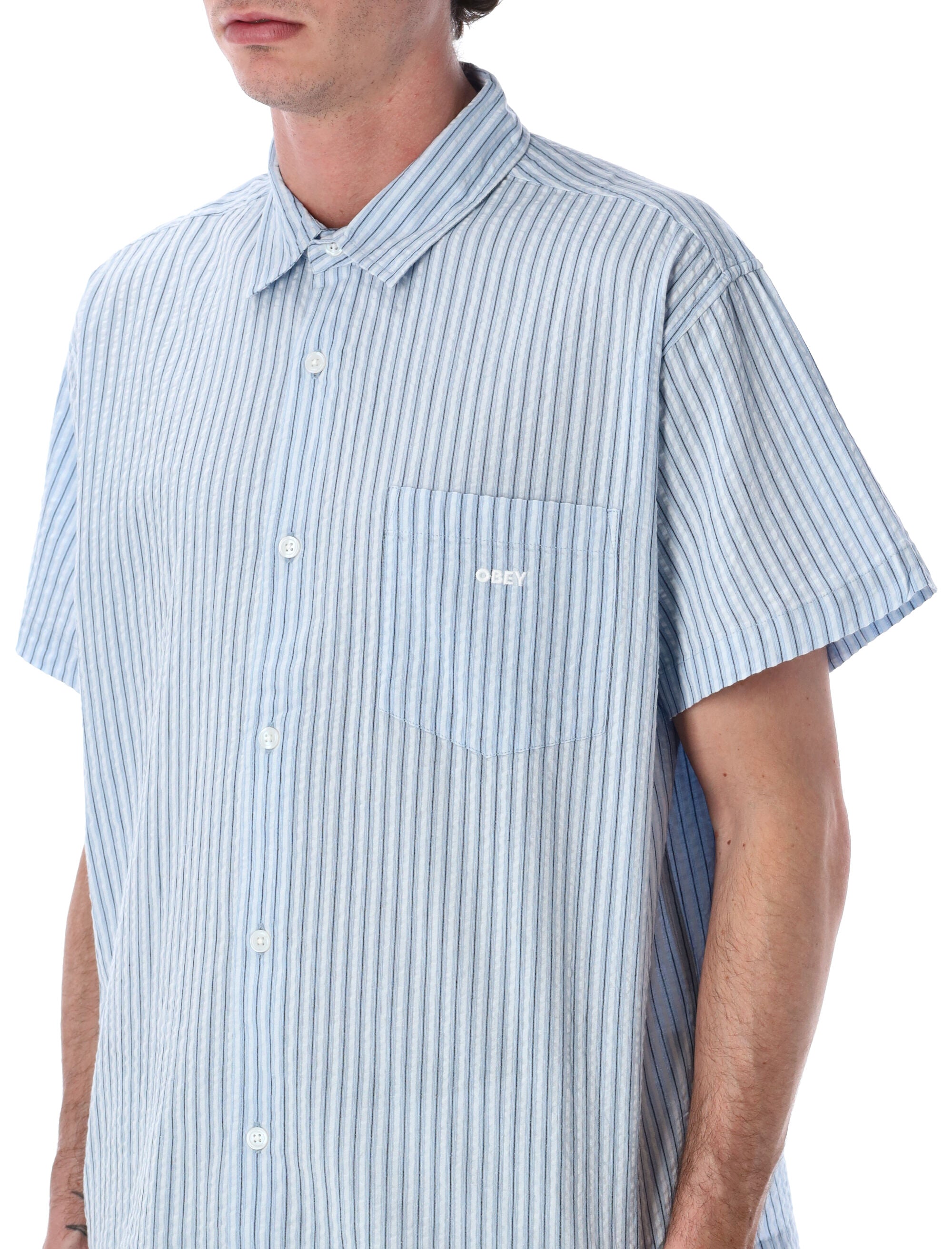 Obey Alan Stripe Seersucker Shirt Sky Blue Cotton