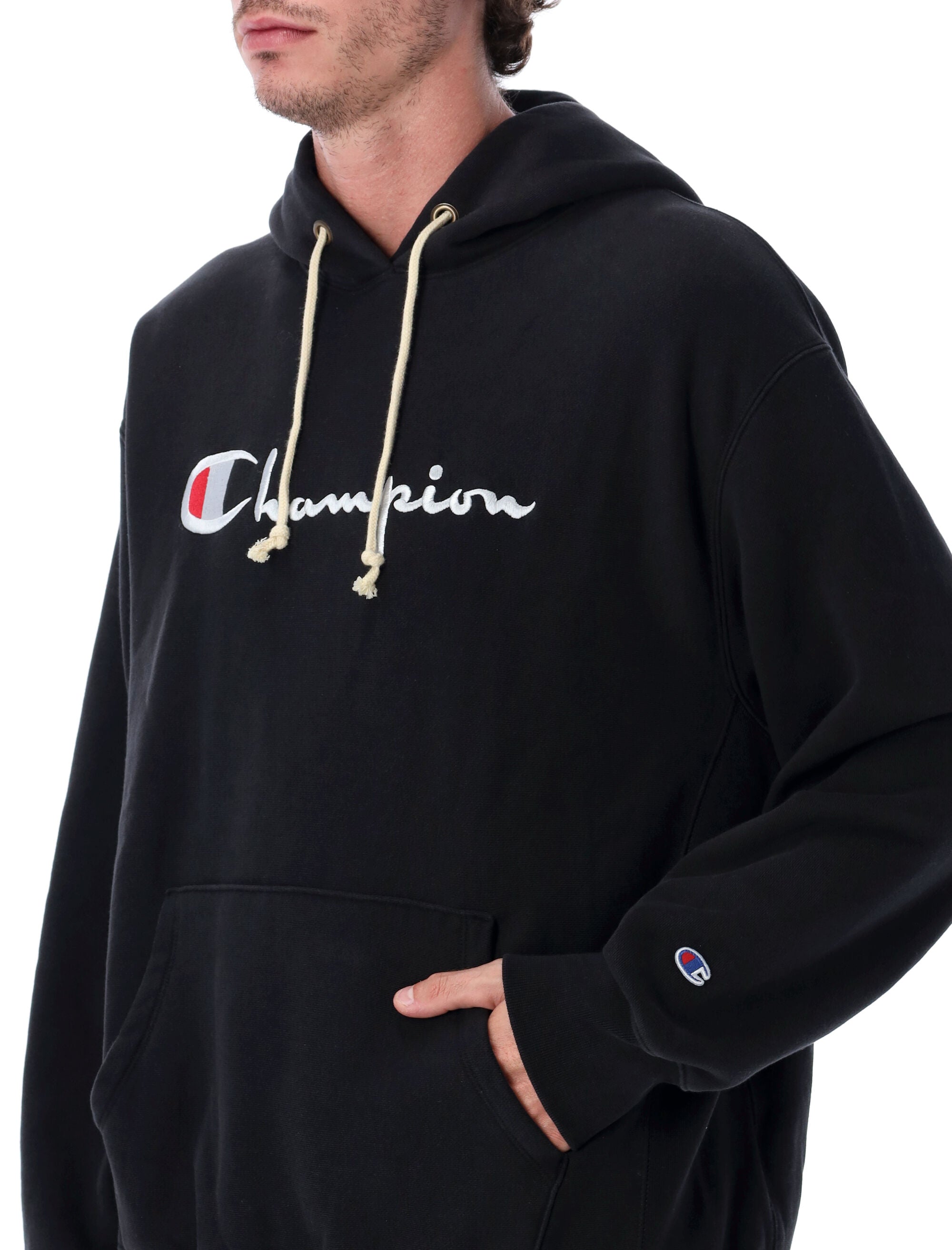Champion Relaxed-Fit Hoodie With Logo Black Cotton Sweatshirt