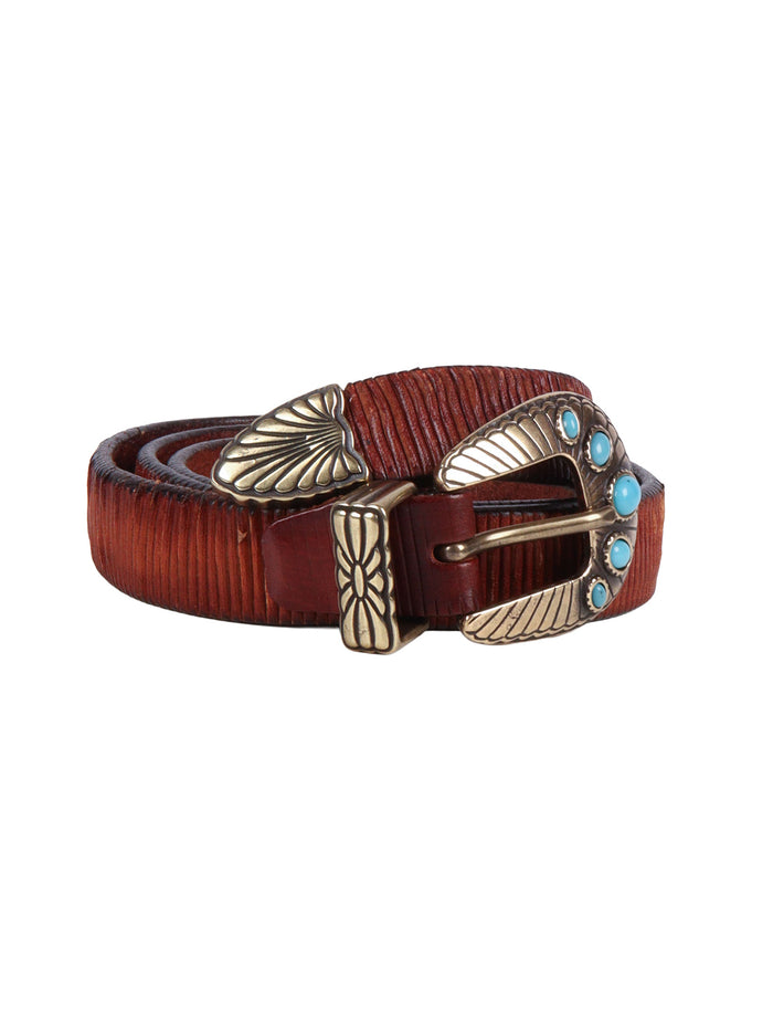 Garment-Dyed Belt With Laser-Cut Detailing Brown Leather
