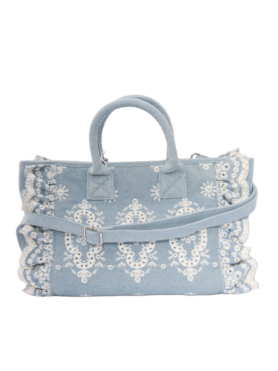 Colette Volant N-Sangallo Flowers Denim Emb Light Blue Cotton Handbag