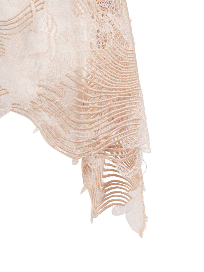 Crepe De Chine Short Sleeve Top With Lace Bottm Band Pink Acrylic Silk